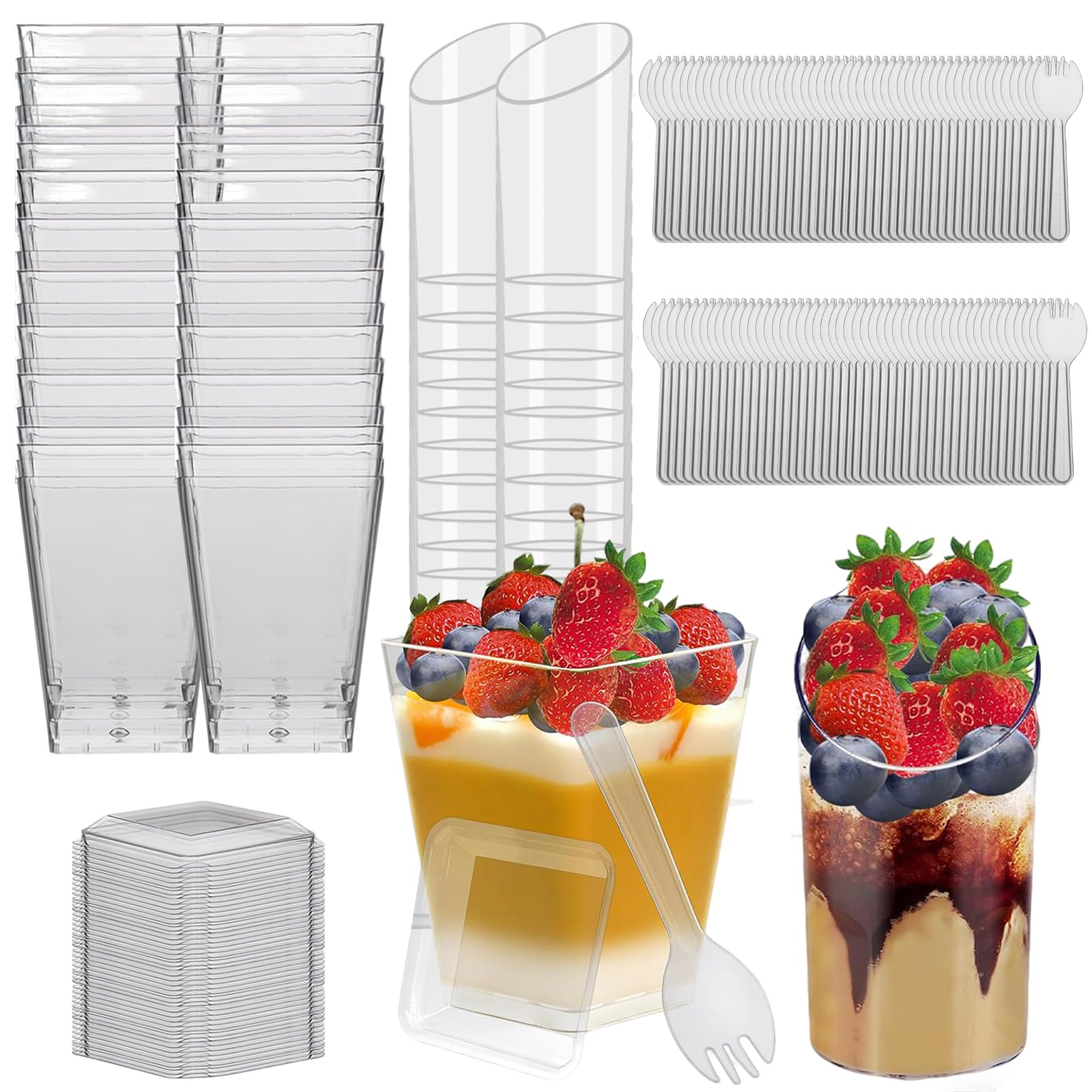 MerryNine 100 Pack 150ml/5.4oz Mini Dessert Cups, Clear Plastic Dessert Cups with Lids and Spoons, Parfait Appetizer Cup, Reusable Container for Party, Pudding, Mousse, Angled Round and Trapezoid