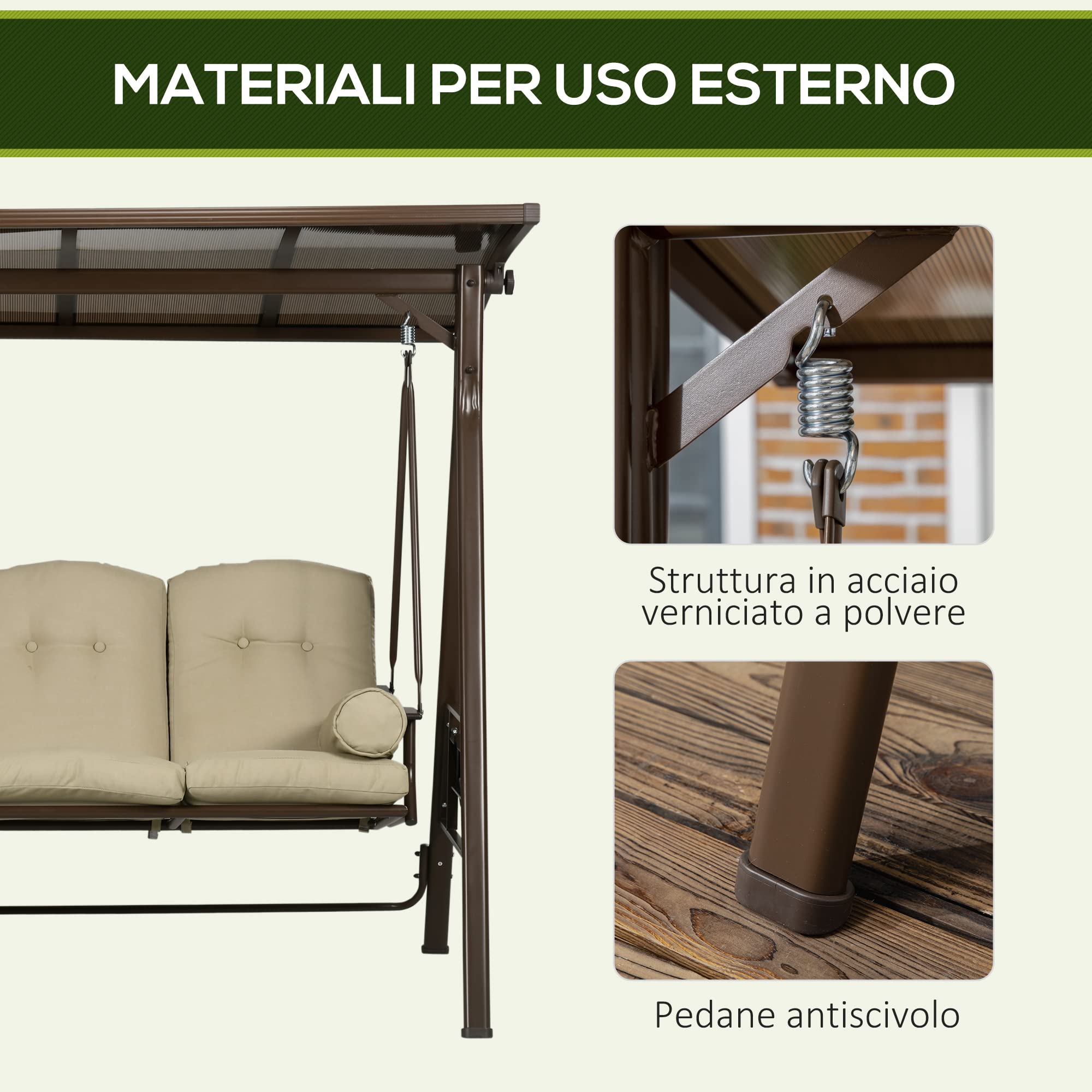 Outsunny Dondolo da Giardino 3 Posti in Acciaio e Poliestere con Tettuccio Inclinabile in PC e Cuscini per Schienale e Braccioli, 208x120x174 cm, Marrone e Kaki