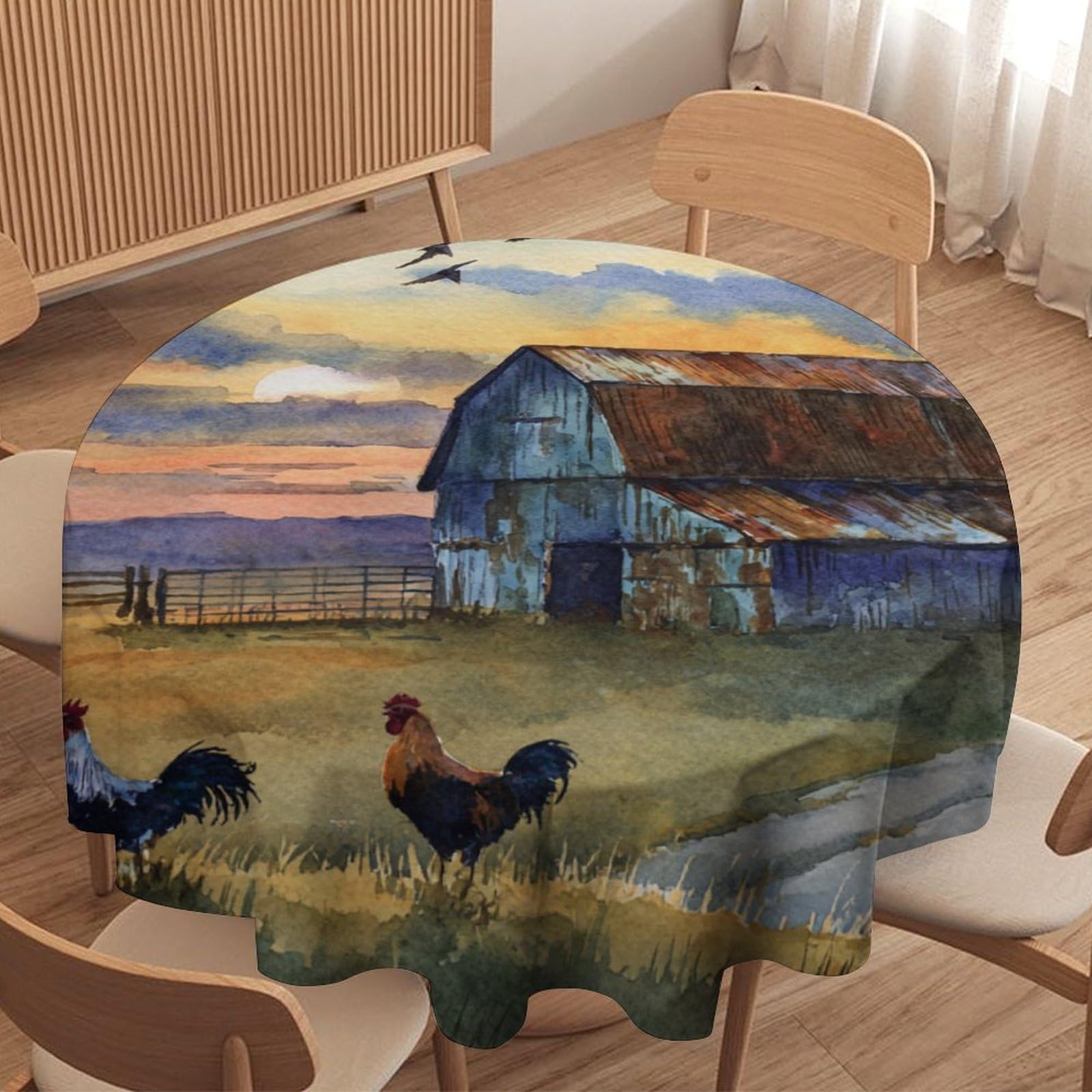 Luyysky Vintage Rustic Farm Chickens Waterproof Round Tablecloth Modern Western Sunset Log Cabin Animal Rooster Birds Washable Table Cover For Kitchen-177.8" Wx177.8 L Cm