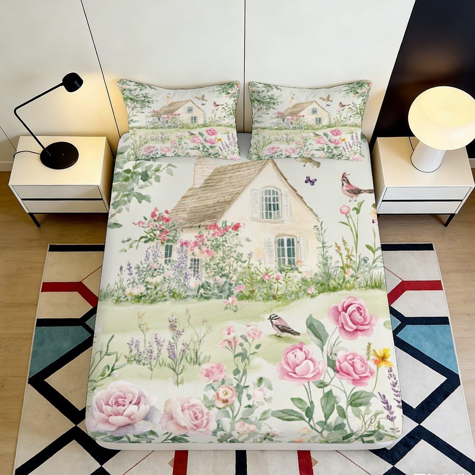 3D Printed Cottage Floral Fitted Sheet Microfiber Soft Breathable Garden Bed Cover for Bedroom Dormitory Guest Room Mattress Protection Decor 140x200x25cm
