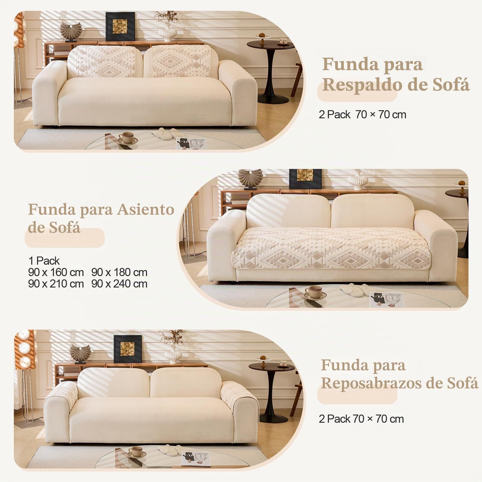 WEYOND Funda Sofa 2 3 4 plazas, Felpa Cubre Sofa, 90 x 240 cm, Beige | 1 Funda de Asiento, Protector Sofá para Perros y Gatos, Sofa cover Antideslizantes y Antimanchas, Lavable