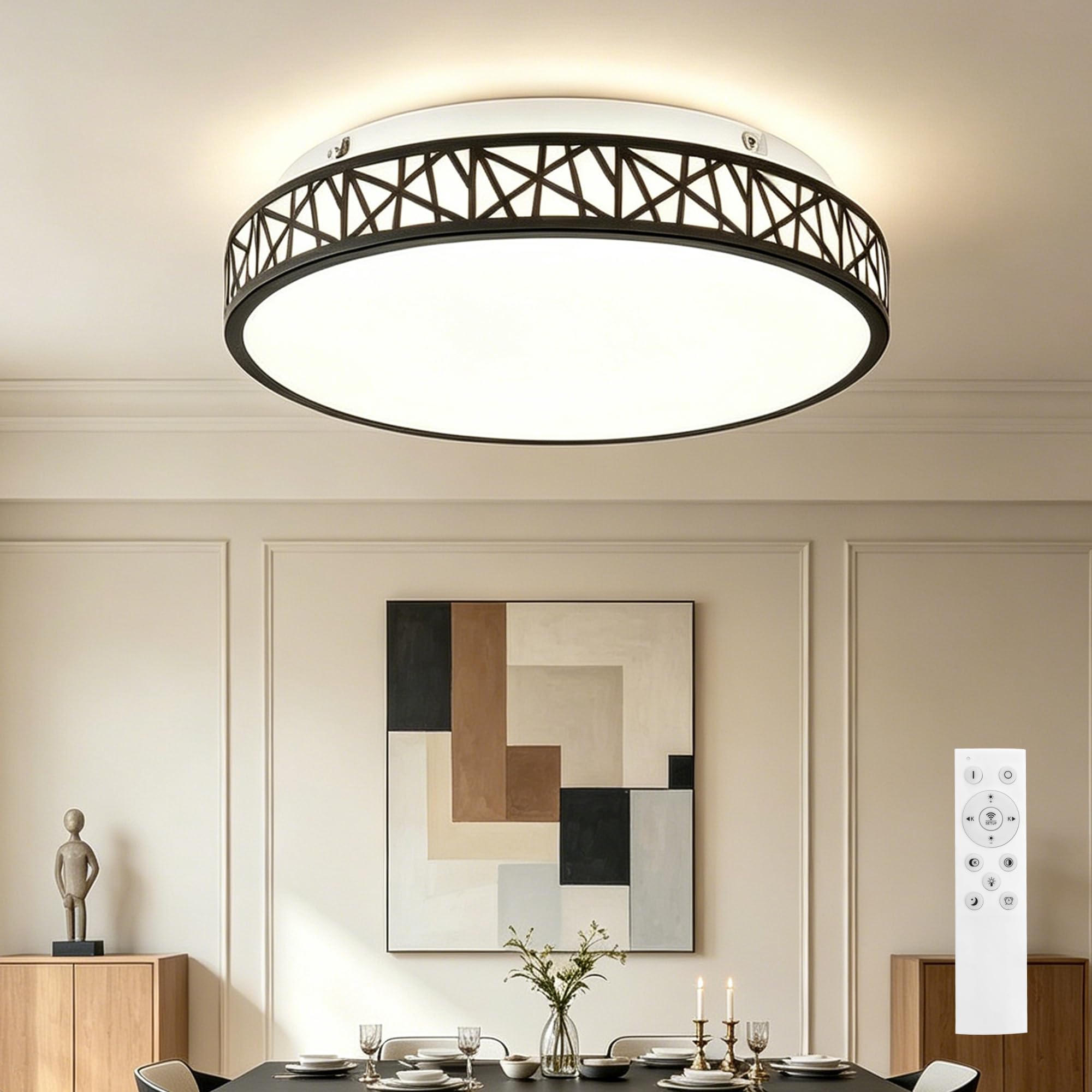 Horevo Modern Black LED Ceiling Light, 35cm Geometric Round Fixture with Interlacing Metal Frame, Dimmable 3000K-6500K Ceiling Lamp with Remote Control, Acrylic Shade for Living Room Bedroom Kitchen