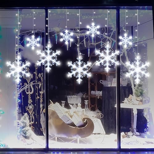 Miniatura 5 de Decoración de luces de copo de nieve de Navidad, control remoto de 5.3 pies y tiempo, 8 modos de luz con pilas, 112 luces LED blancas para cortina