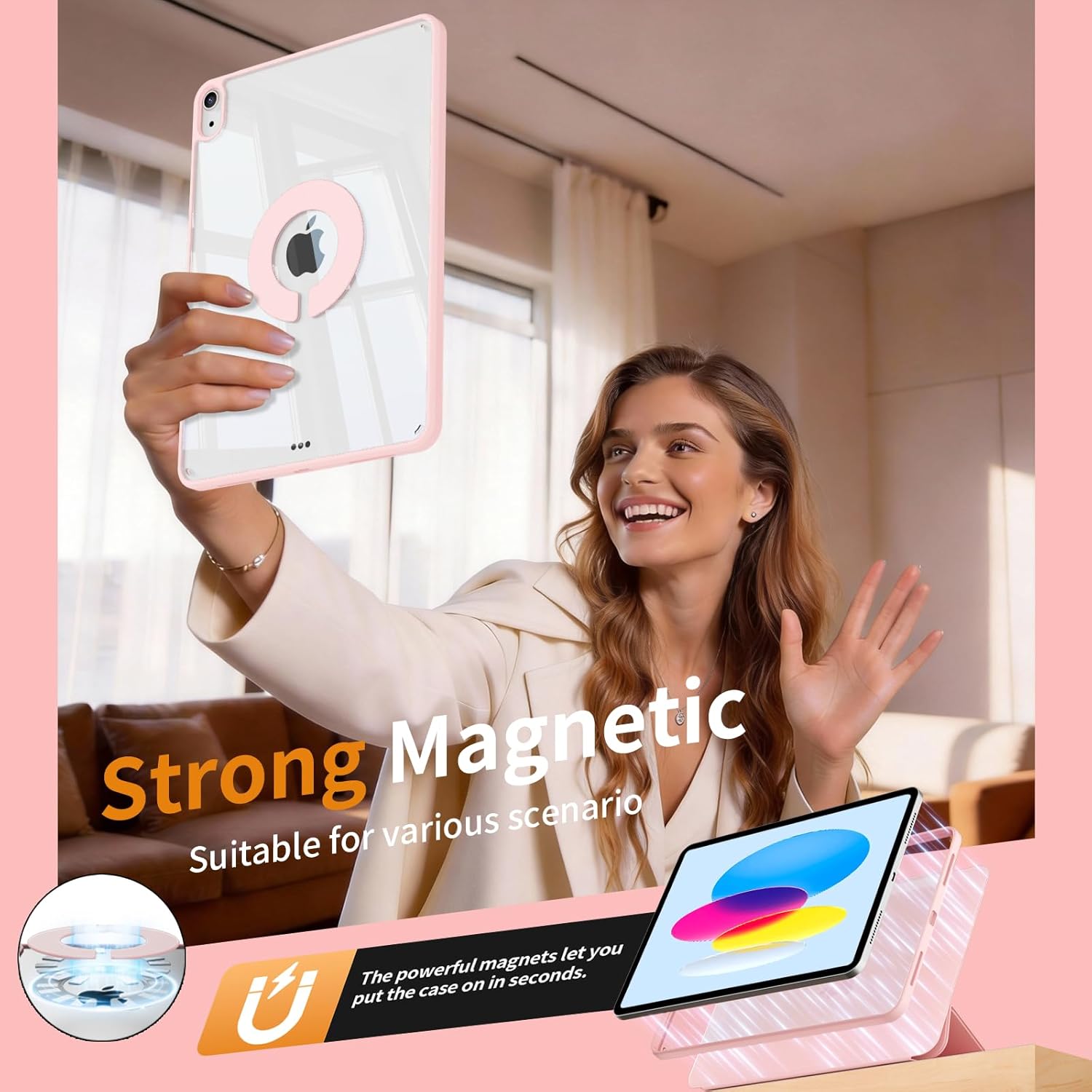 KENKE Magnetic Detachable Case for iPad A16 11th/10th Generation (11/10.9-Inch, 2025/2022) with Pencil Holder, 3+Y-Stand Removable 360° Rotating Clear Cover with Transparent Hard Back, Pink