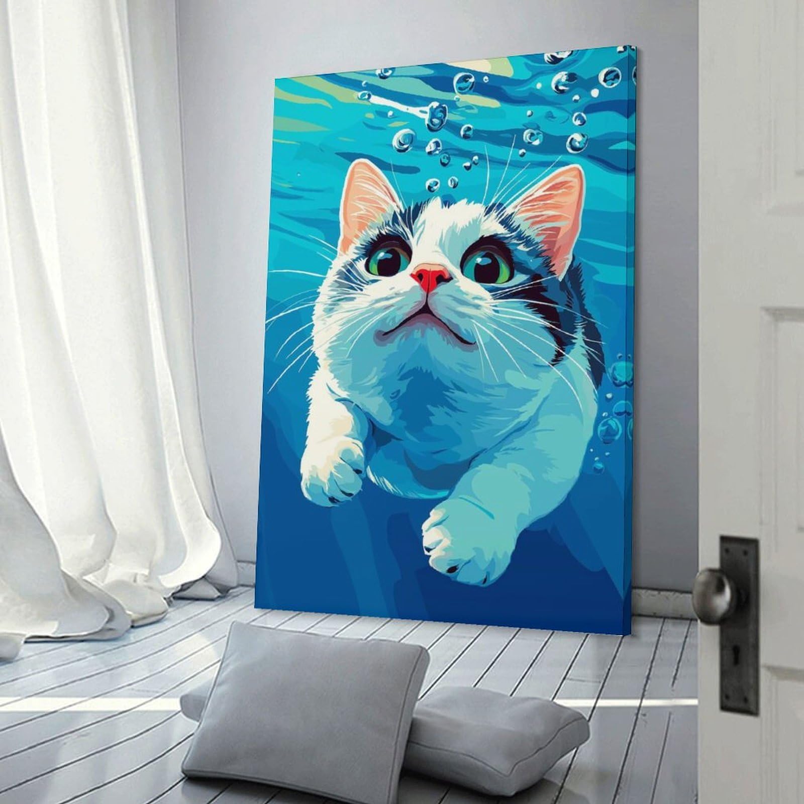 Junmoney Frame-Style-16 Decorative Wall Artwork Cat Swimming Underwater, 20X30inch(50X75cm), For New Homes, Bedrooms Or Workspaces, Canvas Artwork With Gifting Potential