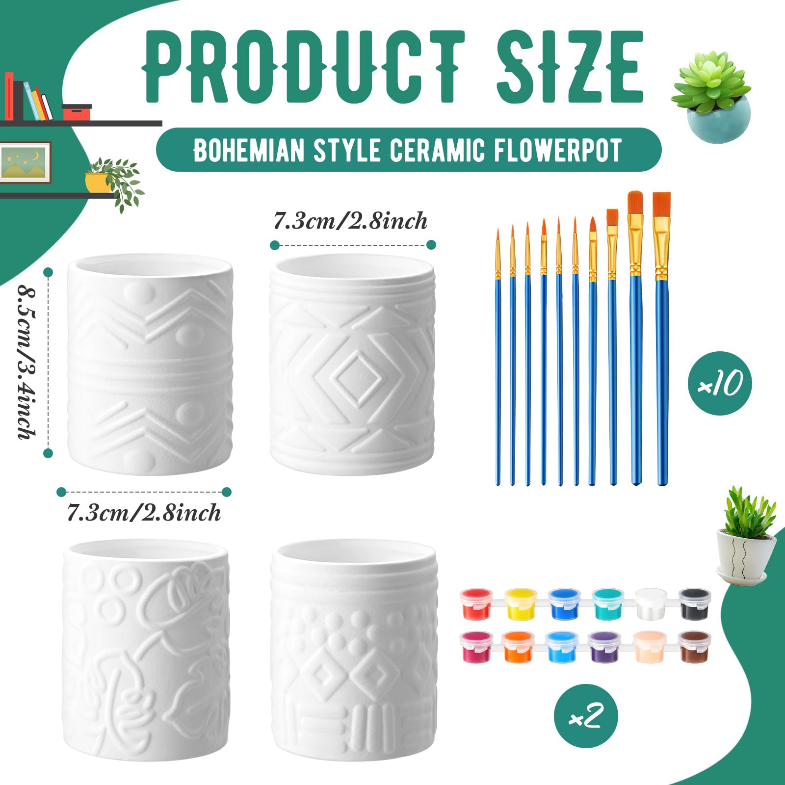 SiliFine Set mit 11 Stück, zum Selbermalen, Blumentopf-Malerei, enthält 8 unlackierte Keramik-Sukkulenten-Übertöpfe, 2 Farbfarben, 1 Set Pinsel für Klassenzimmer, Bastelaktivitäten (Bohemian)