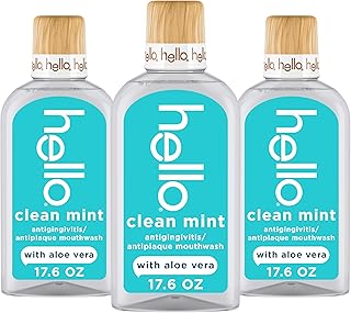 Hello Clean Mint Alcohol Free Mouthwash with Aloe Vera, 17.6 Fl Oz, Antigingivitis Gum Mouthwash with Farm Grown Mint, Fluoride Free, No Alcohol for Zero Burning, Vegan, Minty Oral Rinse, 3 Pack