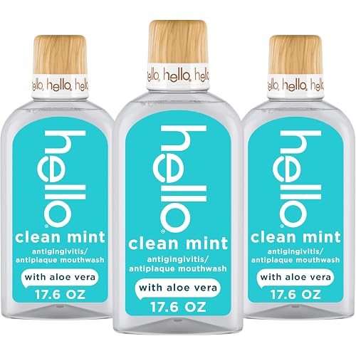 Hello Clean Mint Alcohol Free Mouthwash with Aloe Vera, 17.6 Fl Oz, Antigingivitis Gum Mouthwash with Farm Grown Mint, Fluoride Free, No Alcohol for Zero Burning, Vegan, Minty Oral Rinse, 3 Pack