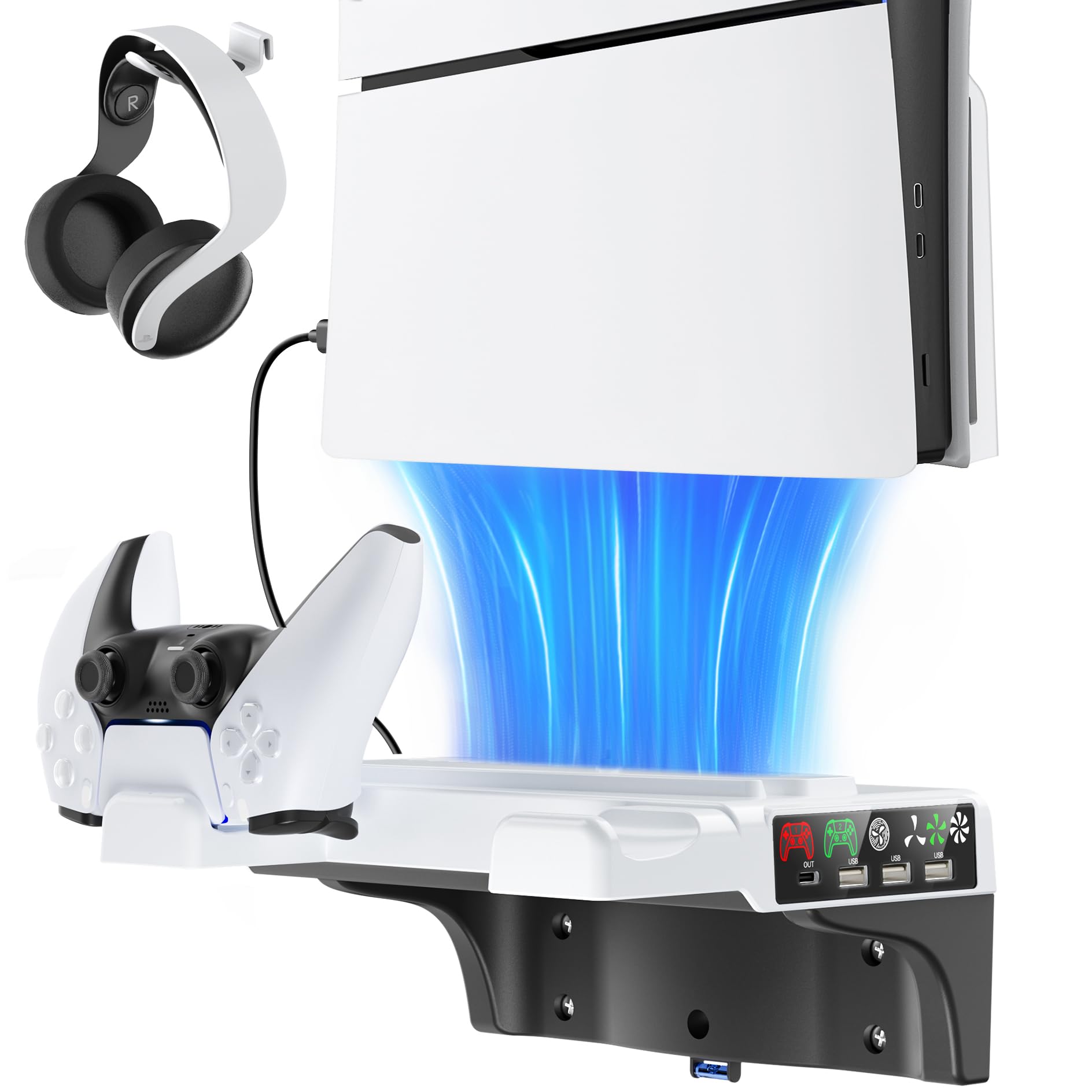 Support de Refroidissement Murale PS5 avec Chargeur Manette, Support PS5 pour Console PlayStation 5 Original/ Slim/ Pro, Ventilateur PS 5 à 4 Vitesses Réglable, Accessoire PS-5 et l'OrganisationPS5