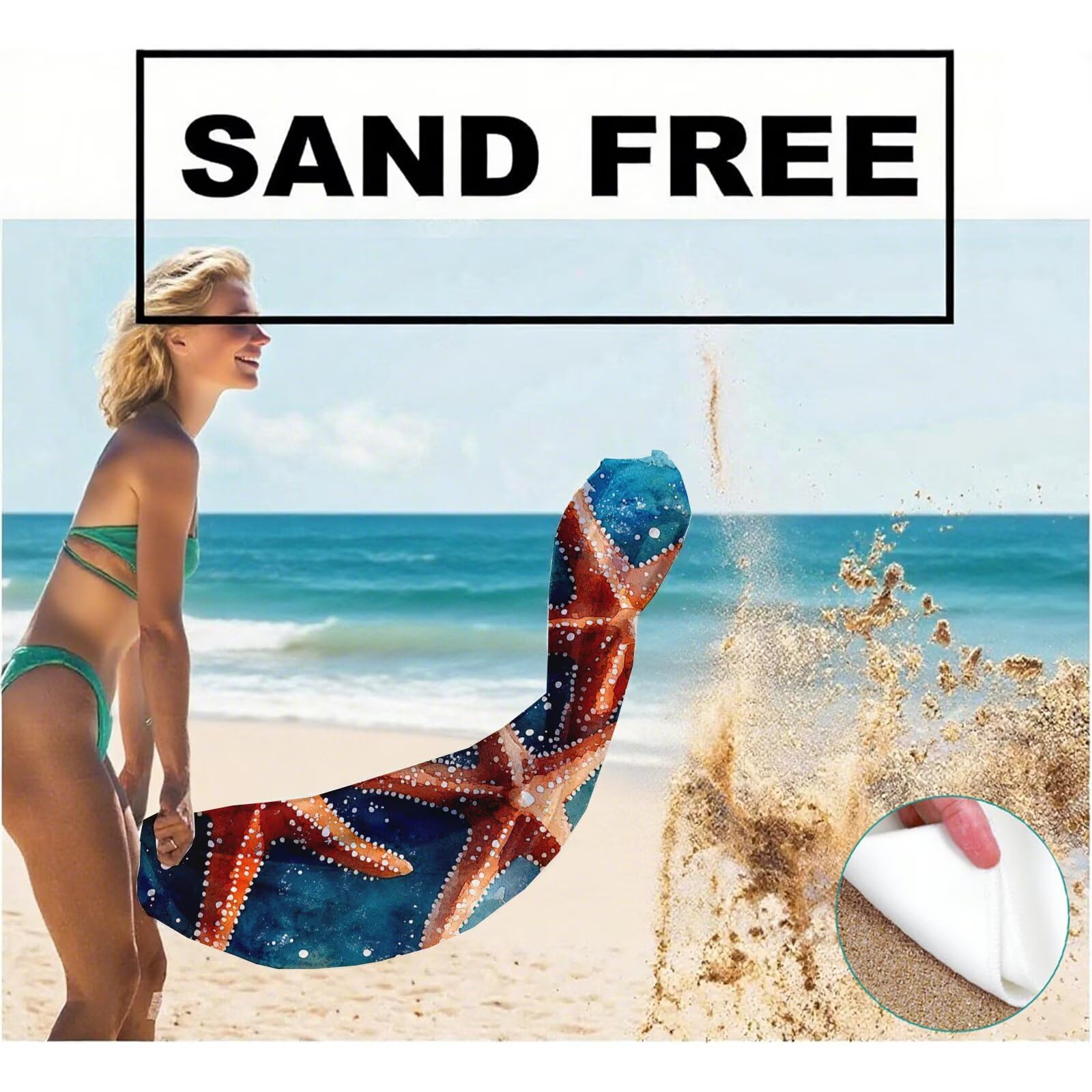 Serviette de Plage XXL 100x200 cm,Étoile de mer Serviette Plage Microfibre avec Séchage Rapide Anti-Sable Absorbante Fonction Design pour Vacances Piscine Pique-Nique Voyages Yoga, Cadeau Femme Q-921