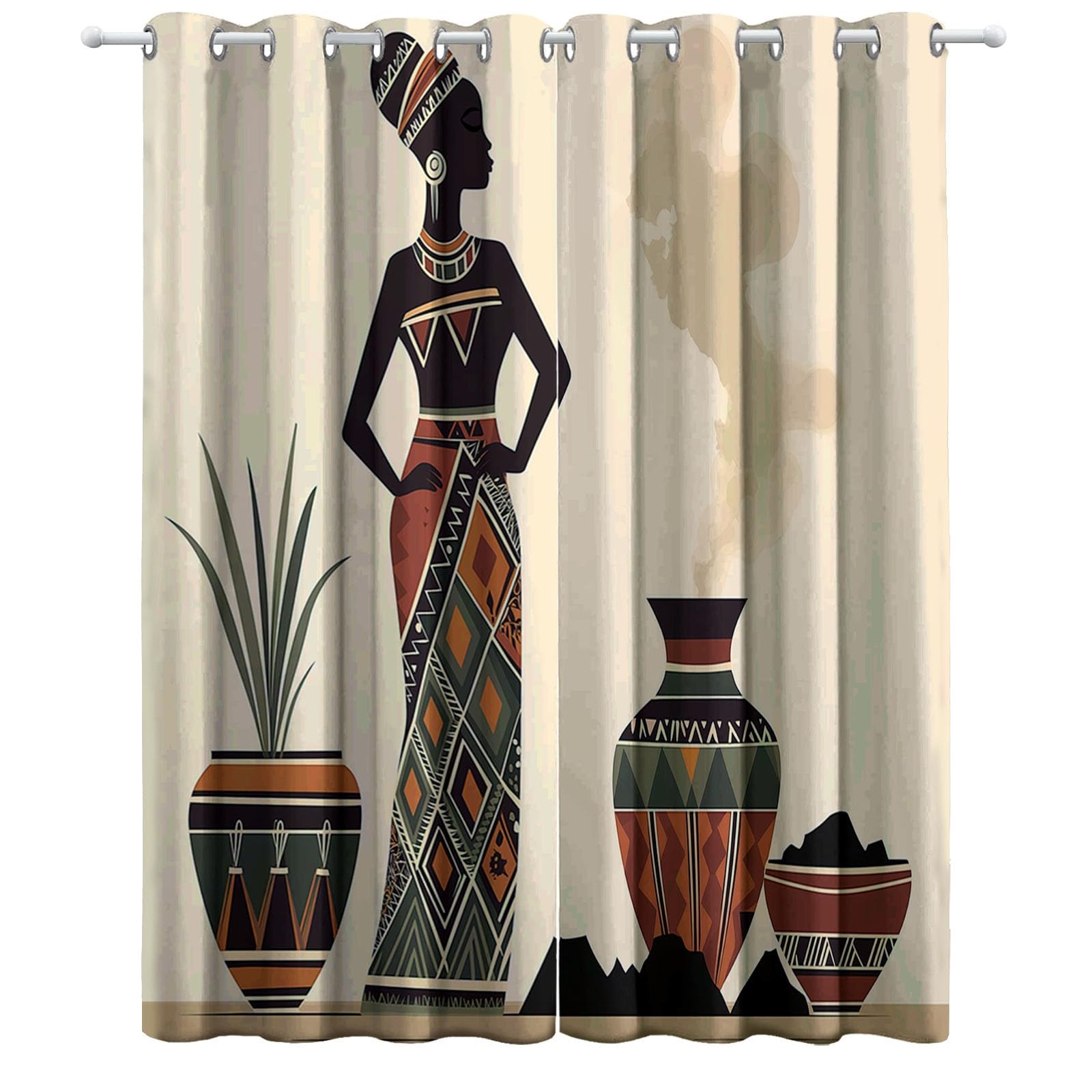 CozyRest Wohnzimmer Vorhänge Afrikanische Frau mit Vase Geometrie Ösen Gardinen mit Blickdichte Thermo Vorhang Kälteschutz Blackout Curtain Kinderzimmer Schlafzimmer Ösenvorhang H214 x B91.5 cm