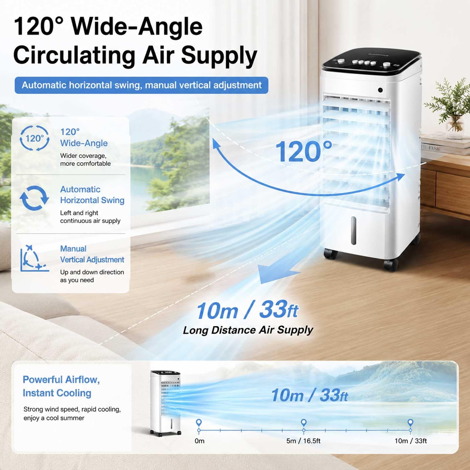 Climatizador Evaporativo, Aparatos Aire Acondicionado Portatil de 220 CFM con Flujo de Aire de Gran Angular de 120°, Depósito de Agua de 5 L, 3 Modos y Velocidades de Viento