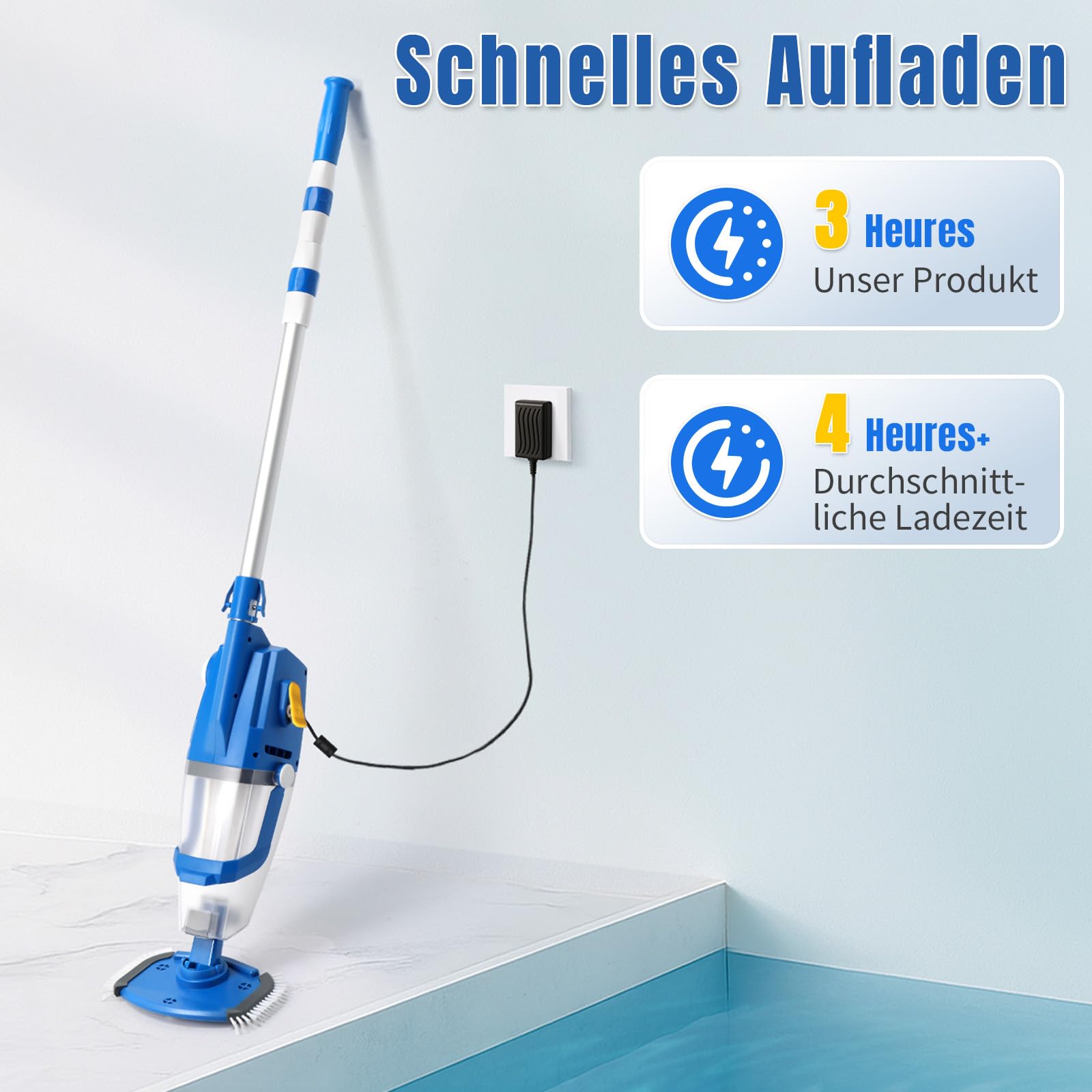 LEADZM Poolsauger Akku, Handsauger, Bodensauger mit 4500mAh & 100L/Min Saugkraft | Kabelloser Poolreiniger inkl. Teleskopstange (1.5m) & Filter | Bis zu 60 Min Laufzeit, 190×23.7×17cm(Blau)