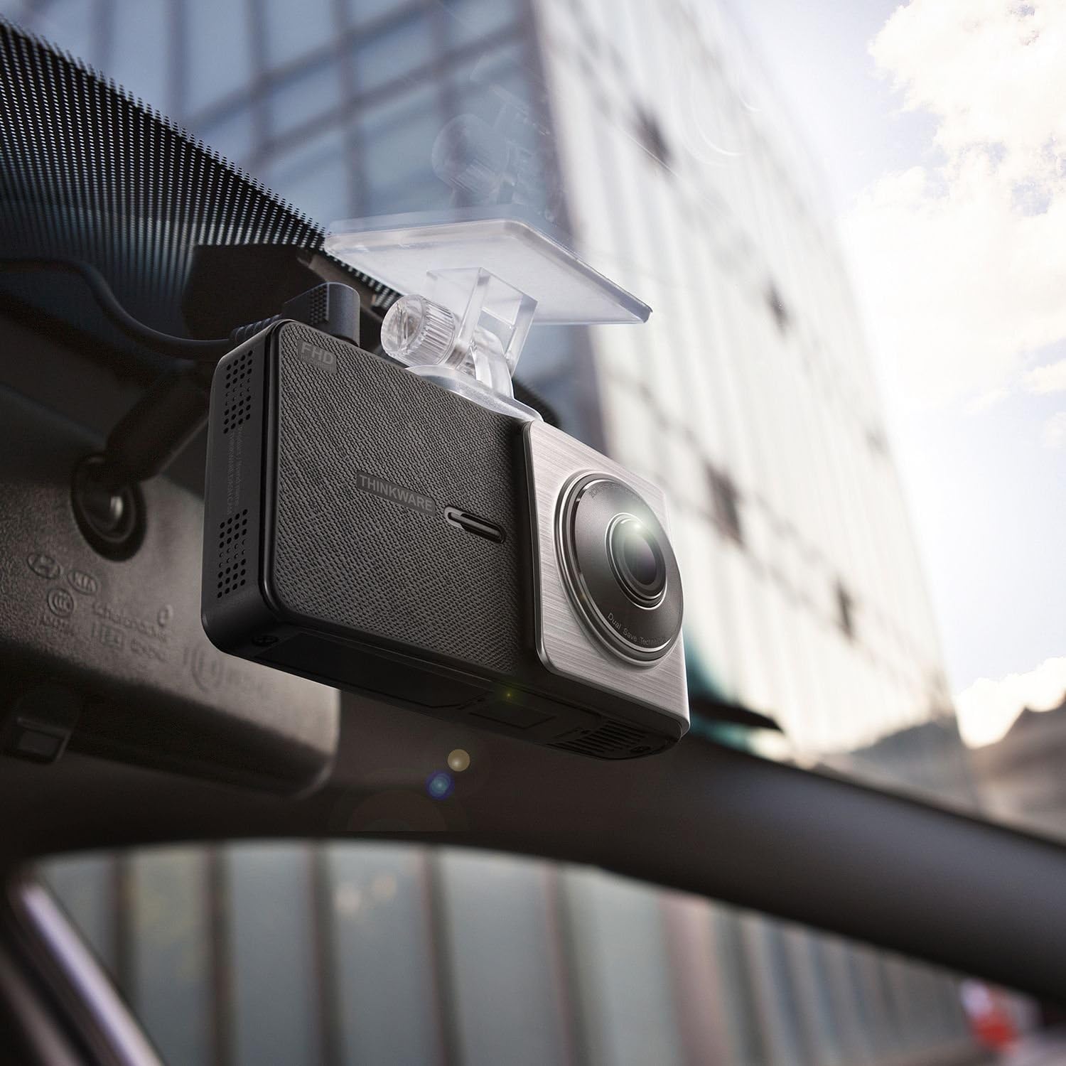 THINKWARE X500D Dashcam installed on windshield, angled view