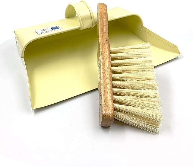 Metal Dustpan and Brush Set, 2 in 1 Heavy-Duty Dustpan and Brush, Traditional Metal Hooded Dust Pan in Stylish Cream Color and Soft Brush for Cleaning