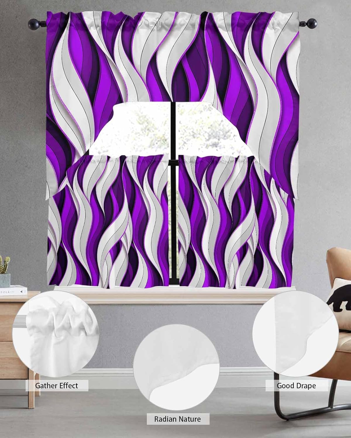 Modern Purple Swag Kitchen Curtain Sets with Valance,3 Pieces Rod Pocket Curtain Drapes for Bedroom Bathroom Cafe Windows,Geometric Stripes Abstract Grey White 56''x36''&36''x27.5''x2Panels