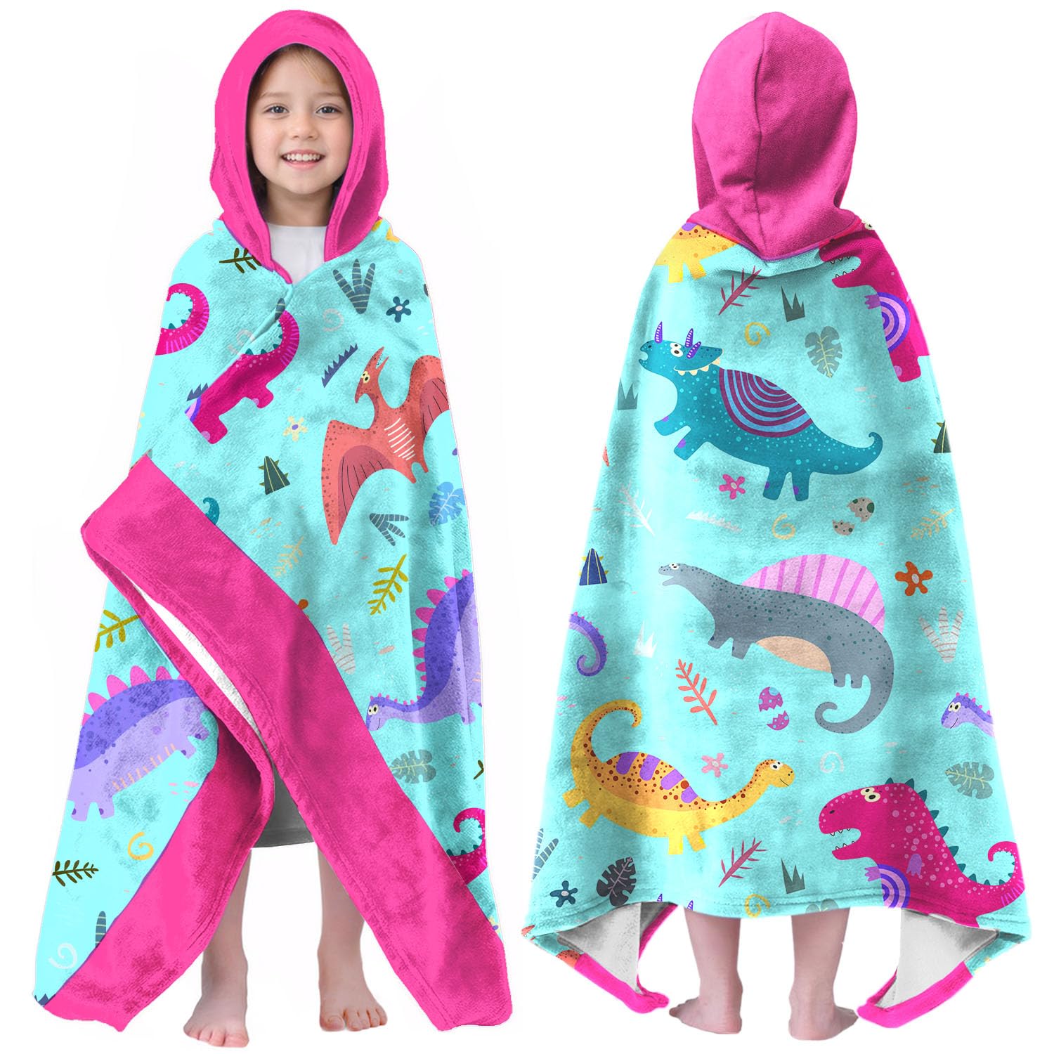 Dinosaur Hooded Beach Towel for Girls, 35x60 in Bath and Pool Wrap, 04