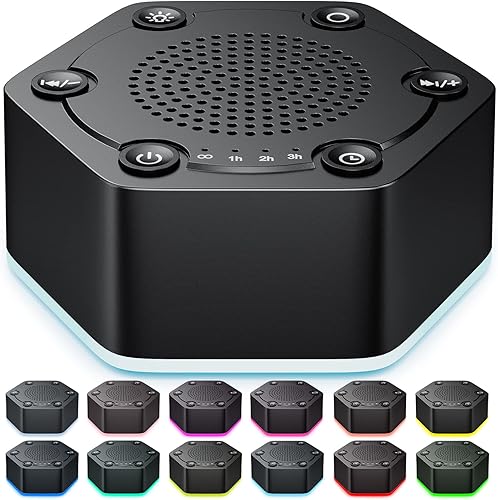 Máquinas de sonido de ruido blanco de alta fidelidad con 30 sonidos relajantes únicos sin bucle, 12 colores, luz nocturna, 4 temporizadores, brillo