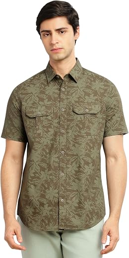 Thomas Scott Slim Fit Casual Shirt for Men | Floral Printed | Pure Cotton | Short Sleeves | Two Flap Chest Pockets