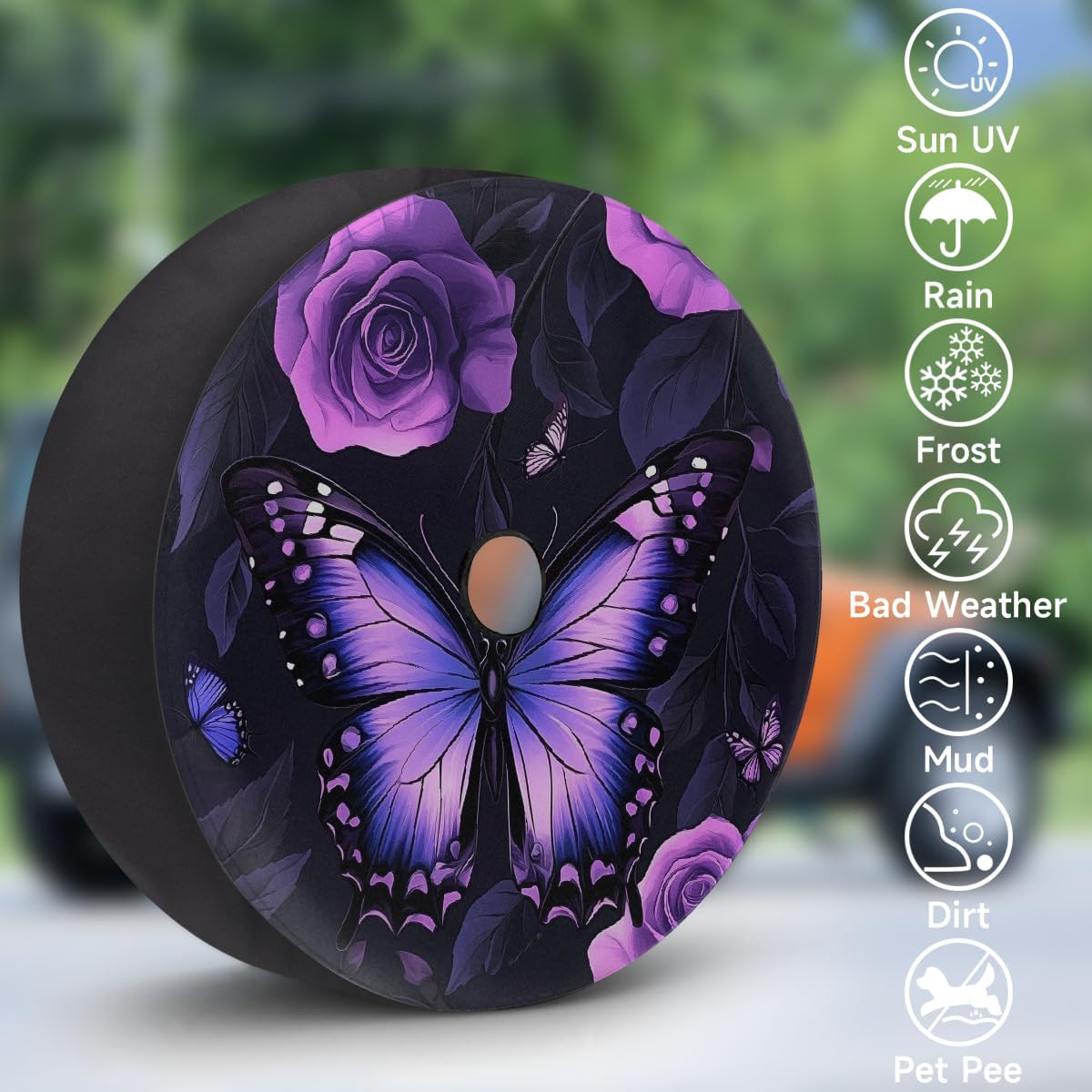 Spare Tire Cover with Backup Camera Hole Purple Rose Butterfly Waterproof Tire Cover Fit for Rv SUV Truck Travel Trailer 17inch