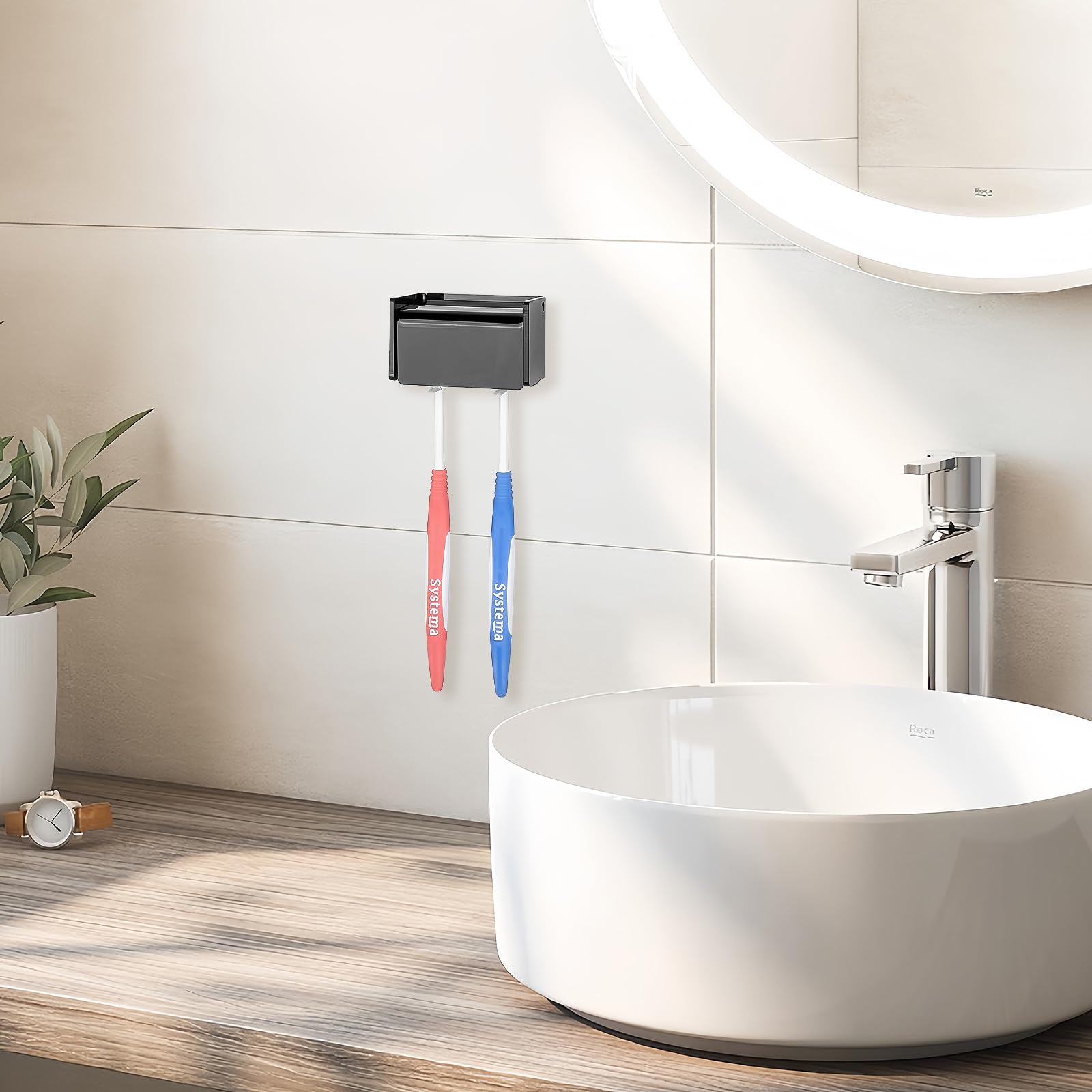 Soporte para cepillo de dientes montado en la pared con cubierta para baño, organizador de almacenamiento de cepillos de dientes con 2 ranuras para ducha, estante autoadhesivo para dormitorio, armario
