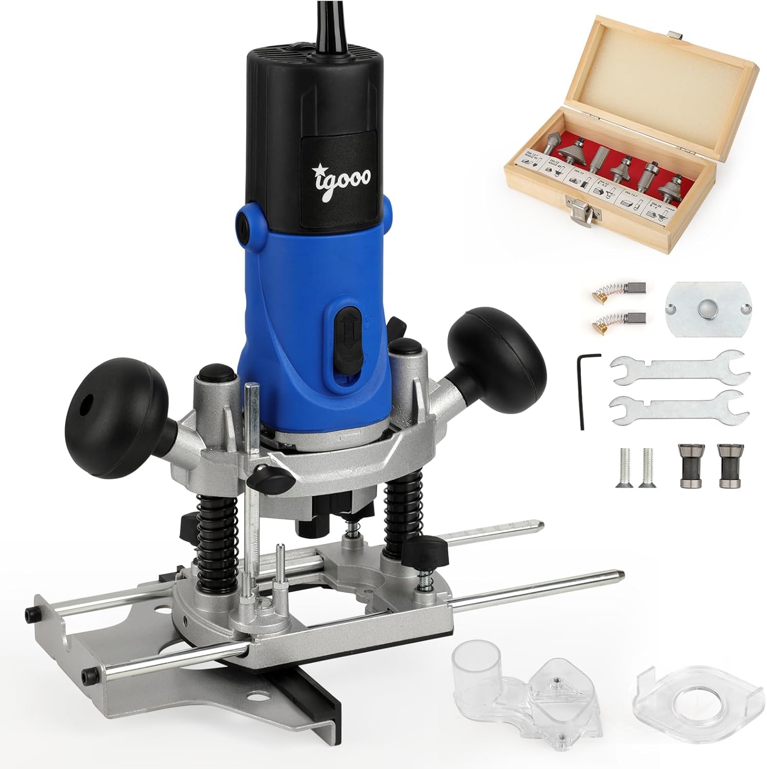 1.25HP AC Electric Plunge Woodworking Router Kit, 6 Variable Speed, Soft Start Motor, with Edge Guide, 1/4”, 6mm and 8mm Collets, 6 bits, Vacuum Adaptor, 120V 60Hz 850W Model ER850 1.25HP AC Electric Plunge Woodworking Router Kit, 6 Variable Speed, Soft Start Motor, with Edge Guide, 1/4”, 6mm and 8mm Collets, 6 bits, Vacuum Adaptor, 120V 60Hz 850W Model ER850