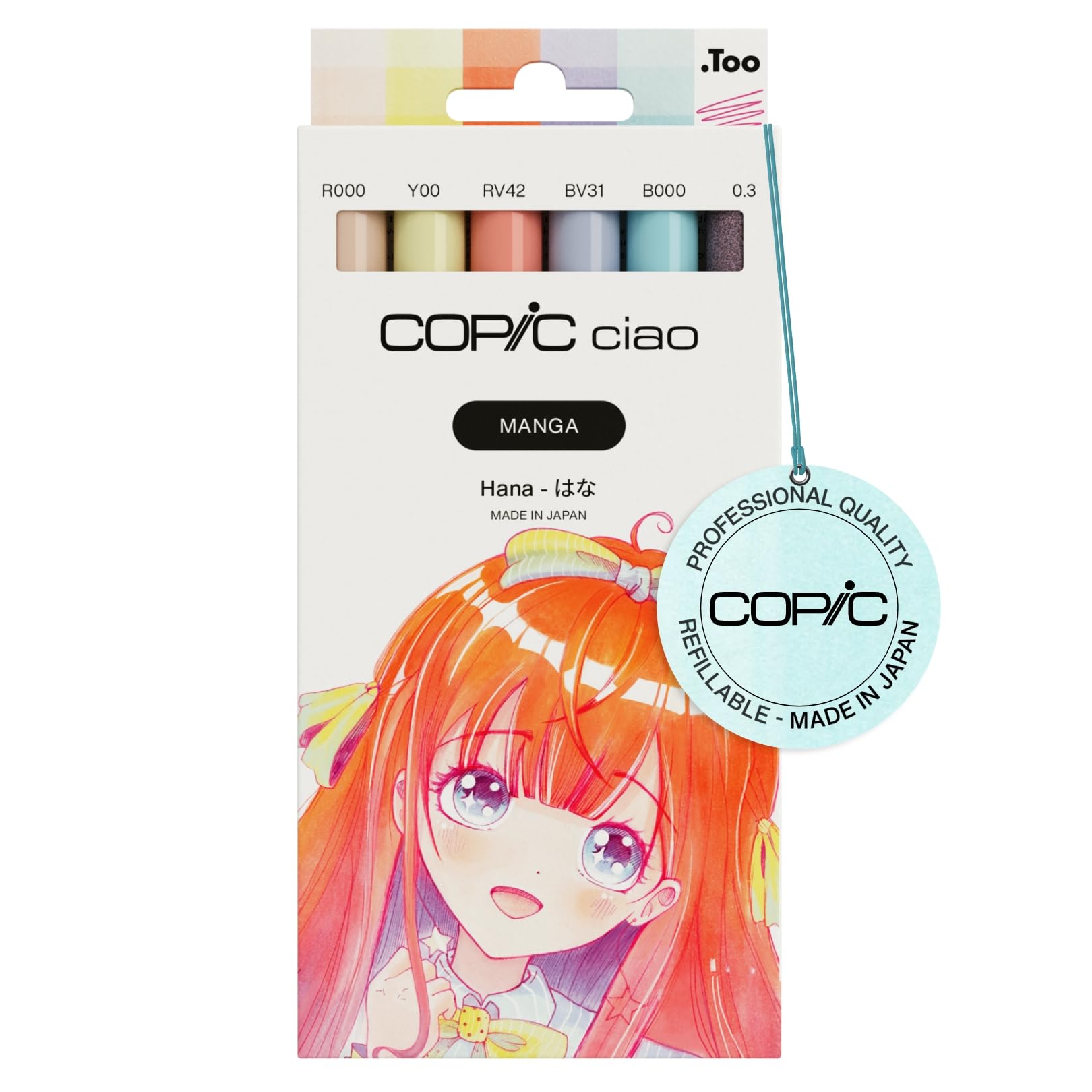 Copic Ciao Manga Set Hana, set di pennarelli con 5 morbide tonalità pastello, include 1 Multiliner da 0,3 mm in rosa, doppio pennarello con punta media e punta pennello