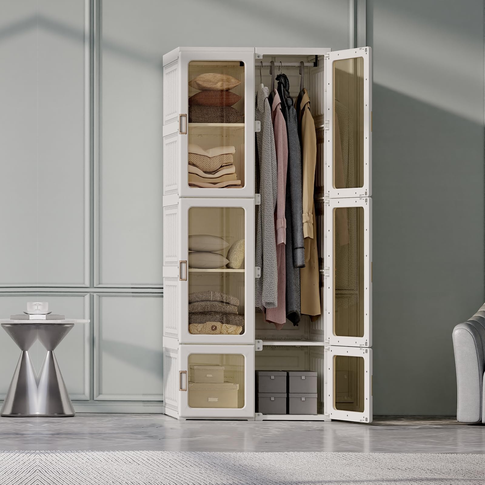 Dripex Kleiderschrank, Schrank 69 x 170 x 50 cm (B x H x T), einfache Montage, Faltbarer Mehrzweckschrank mit Stange, magnetische Türen, für Wohnzimmer Schlafzimmer Weiß