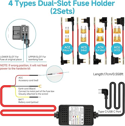 Miniatura 10 de Kit de cable duro mejorado para cámara de salpicadero, kit de cable duro USB tipo C de 12 V-24 V a 5 V, con protección de bajo voltaje, cargador de