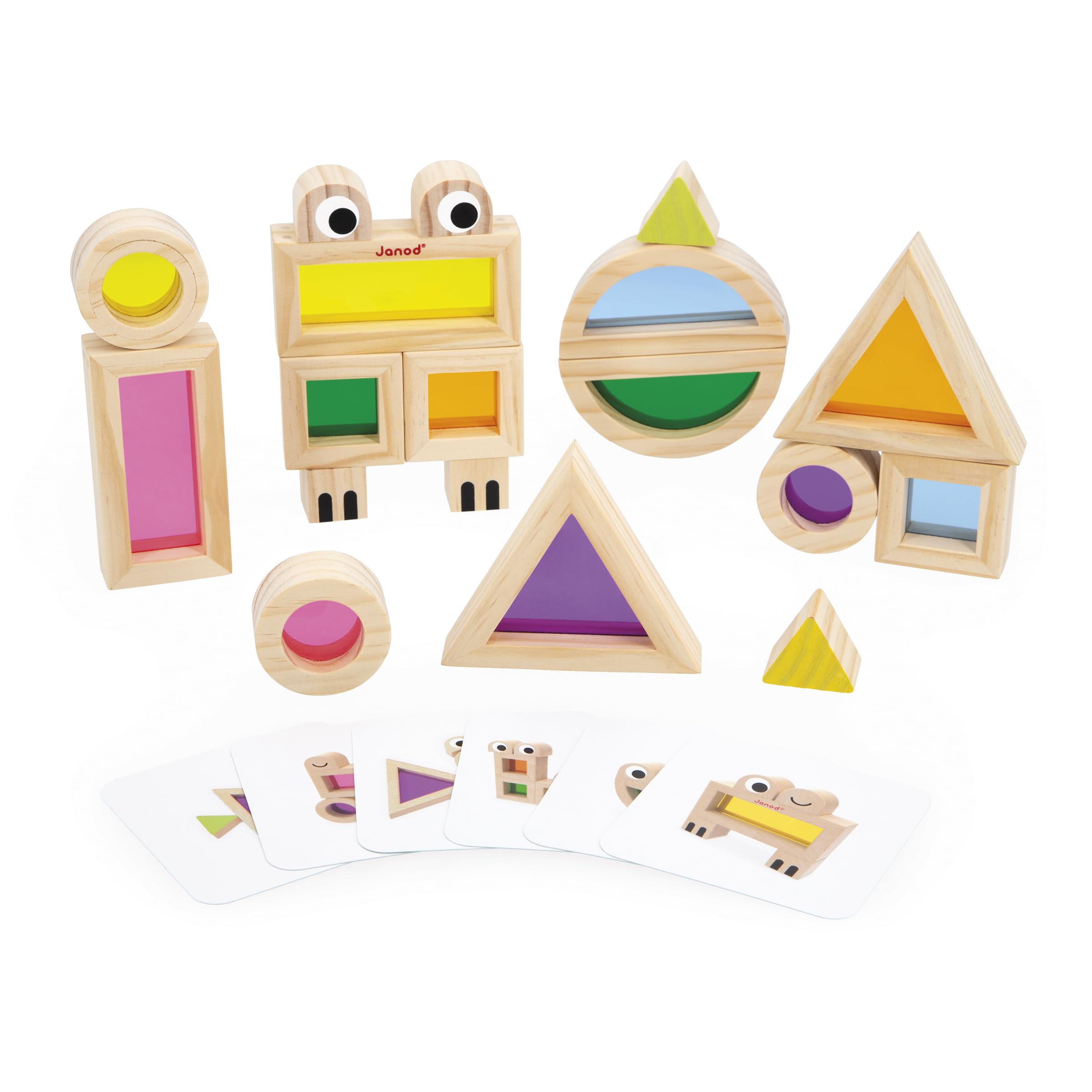 Janod - Bloc à Assembler en Bois - Jeu d'Eveil Sensoriel - 18 Blocs et 6 Cartes Modèles - Appentissage des Formes et Couleurs - Développe La Motricité Fine - Jouet en Bois - Dès 12 Mois - J05306