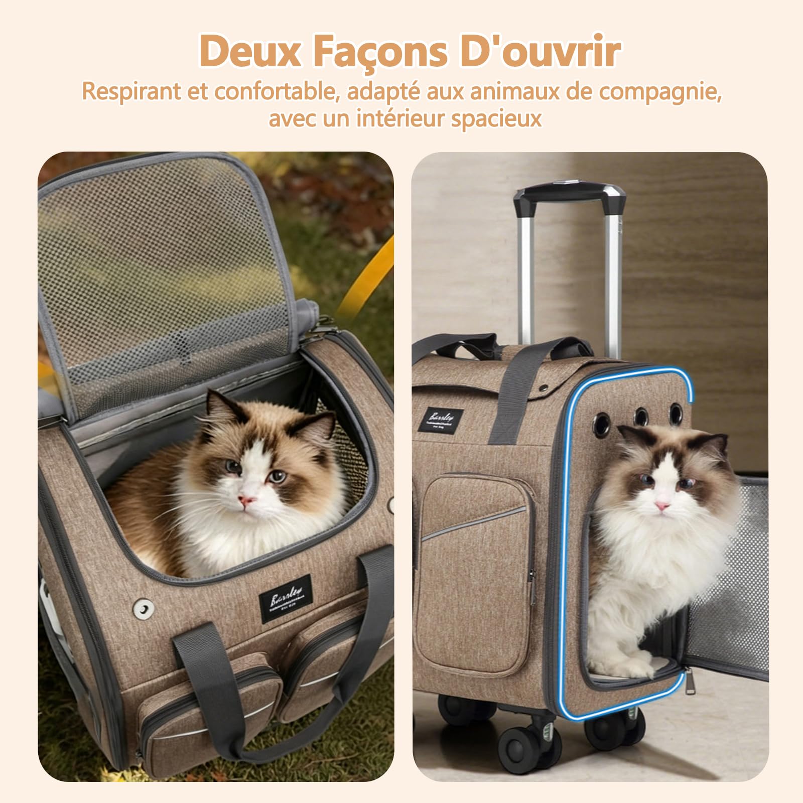 Galatée Valise à roulettes pour Animaux De Compagnie, en Maille Polyester, avec Roues Pivotantes Freinées Et Amortisseurs, Poignée Antidérapante（Marron）