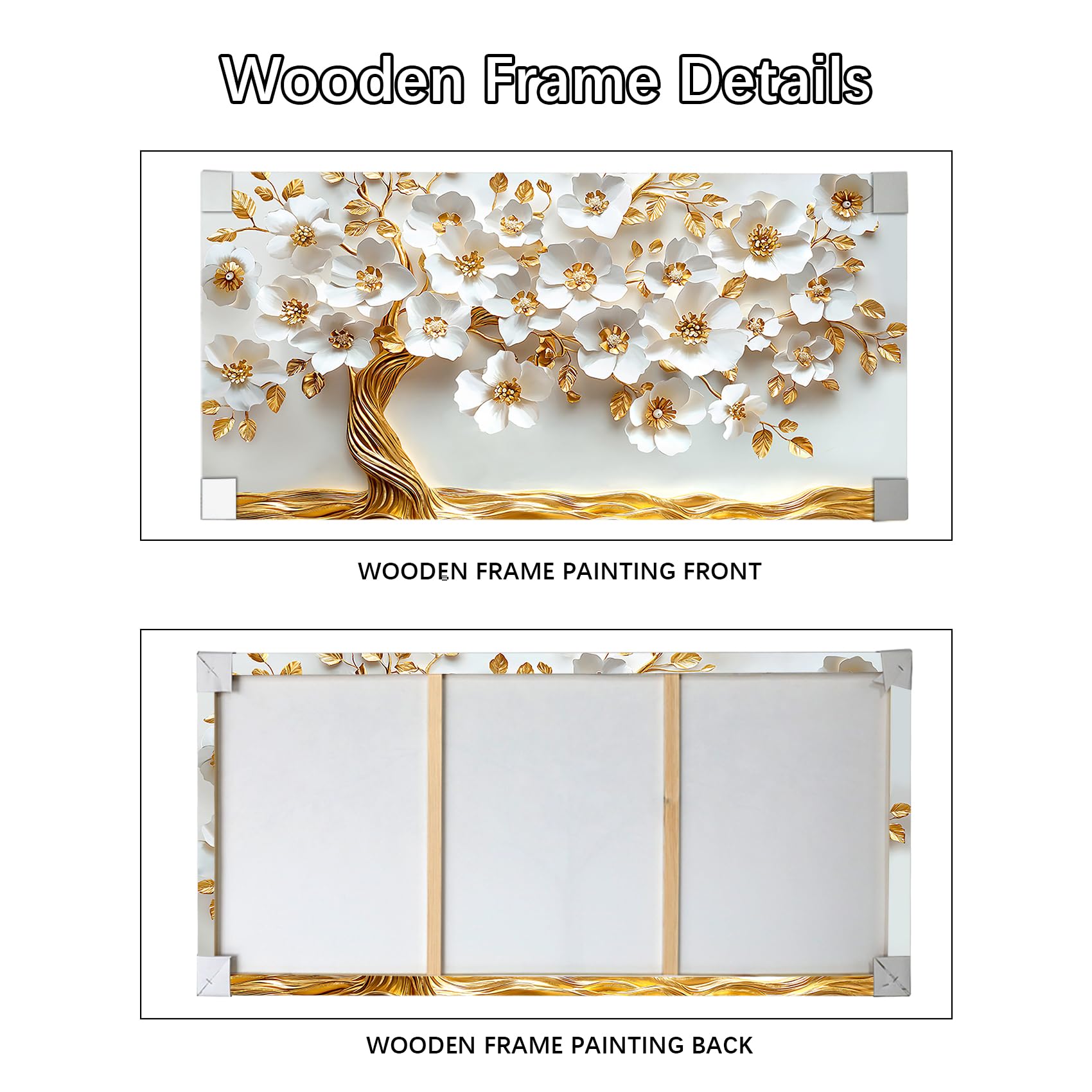 Grande Stampa su tela con Cornice Bianco Oro Floreale Albero Pittura Albero della vita con Foglie d'oro Quadri su tela Quadri Moderni Poster Stampe da Parete Soggiorno Camera da Letto 50x100cm