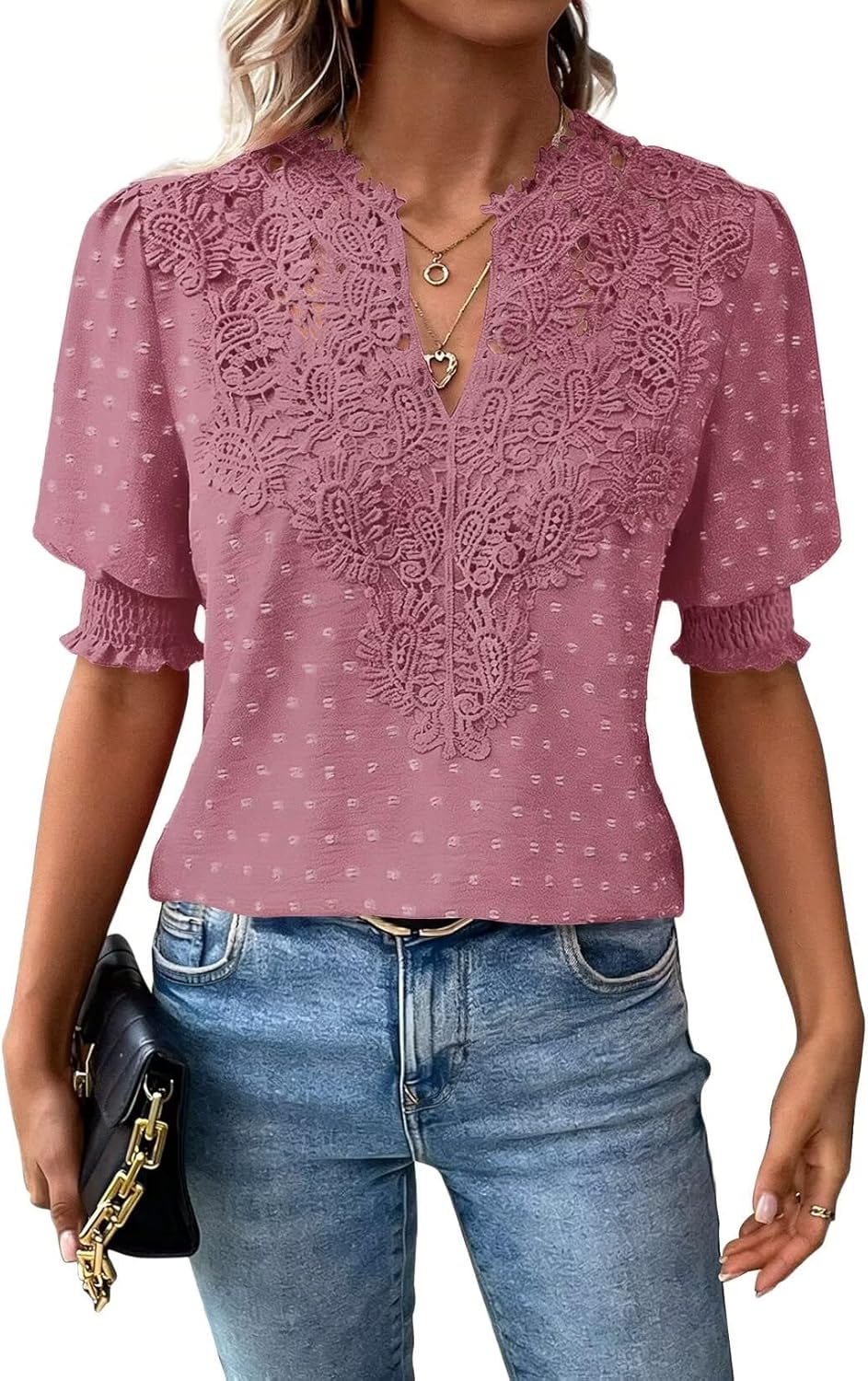 Womens Summer Tops Boho Short Sleeve Shirts V Neck Casual Chiffon Blouses Flowy Lace Hem Spring Clothing Trendy 2025