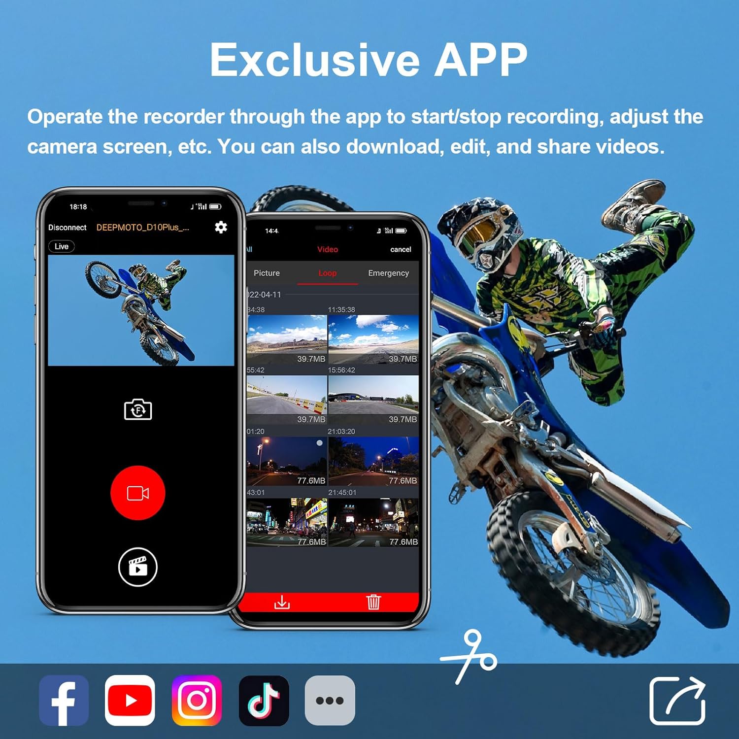Smartphone screens showing the DeepMoto app interface for video management