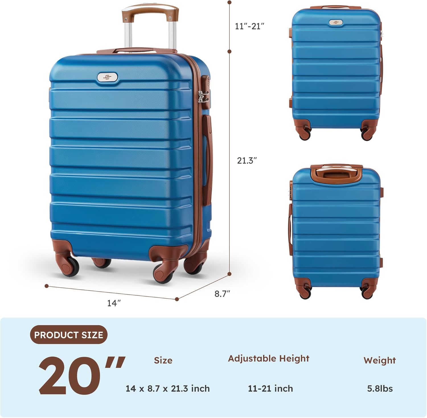 Suitour Carry On Luggage Set 22x14x9 Airline Approved Luggage Sets 4 Piece, ABS Hardside 20inch Suitcase with 360°Spinner Wheels Lightweight Travel Suitcase Sets(Sky Blue Tan)