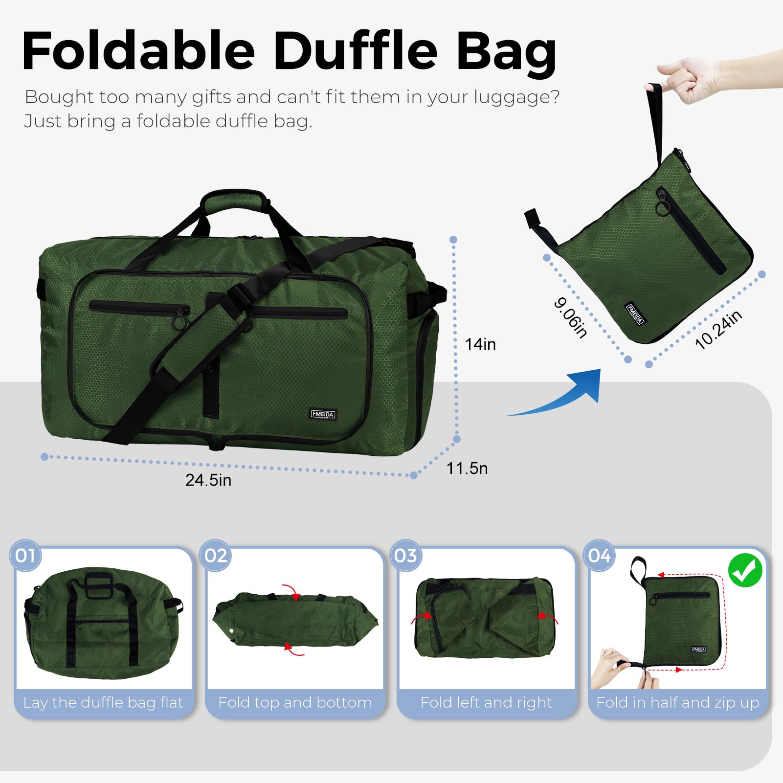 Fmeida Borsone da Viaggio 65L Pieghevole Borsone Palestra Grande Capacità Borsa Sportiva Impermeabile Borse da Viaggio Uomo Donna per Viaggi Campeggio Vacanza, Verde