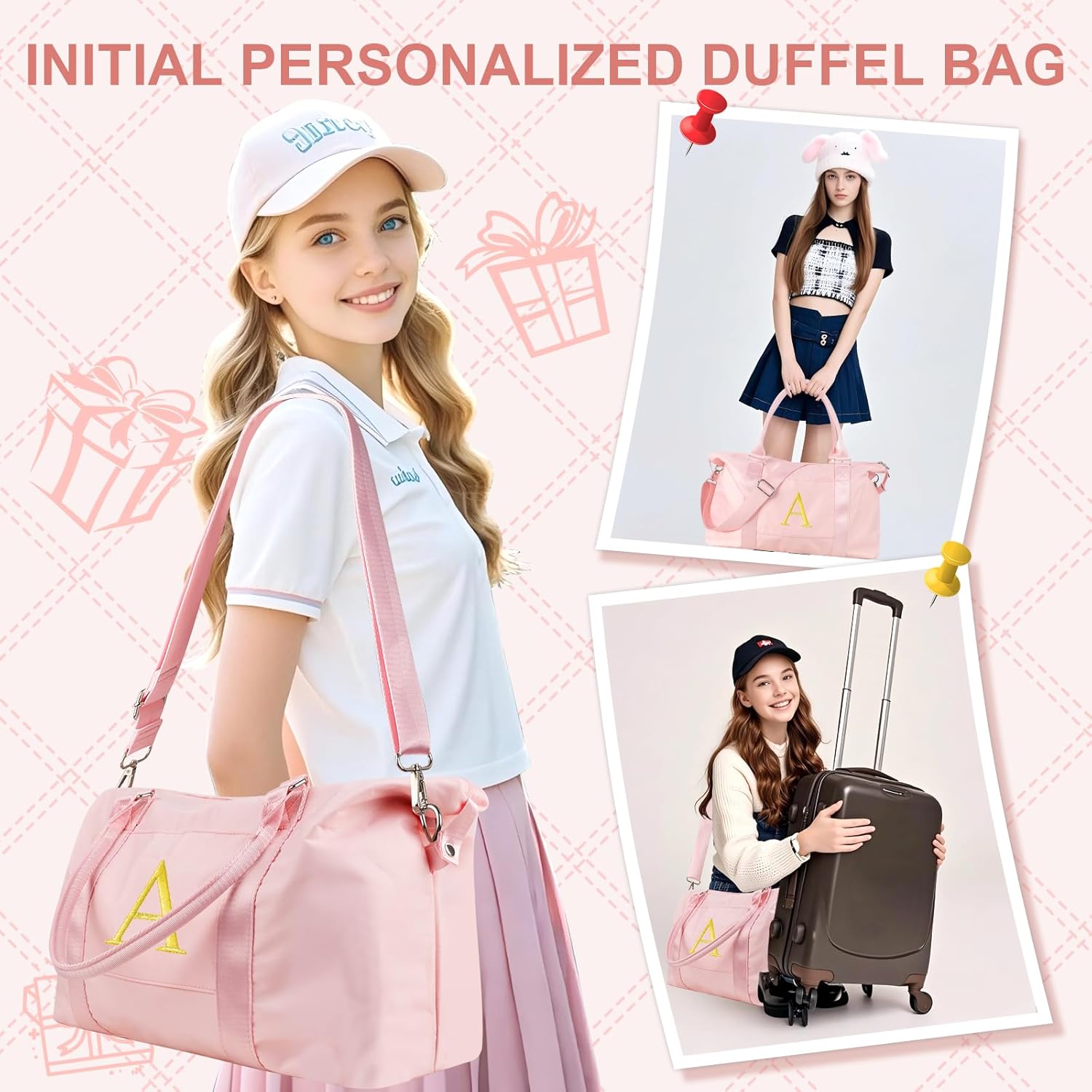 Personalized Initial Gym Dance Bag, Travel Duffel Bag for Teen Girls, Carry On Bag Overnight Weekender Bag with Trolley Sleeve, Birthday Gifts for Women Mom Daughter Graduation Gift(Letter A, Pink) - Image 7