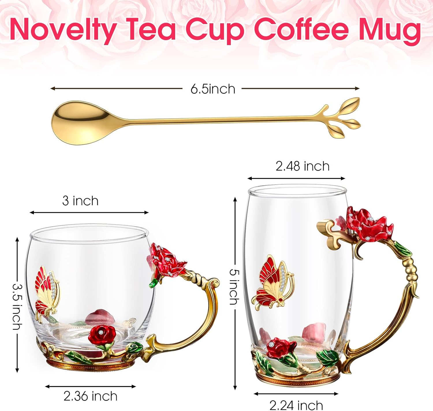 Mimorou 4 Pcs Butterfly Glass Tea Cups Sets for Christmas Gifts Tea Cup with Spoon Glass Mugs Flower Cup for Mother Women Clear Rose Coffee Cups Birthday Gifts for Female Friend
