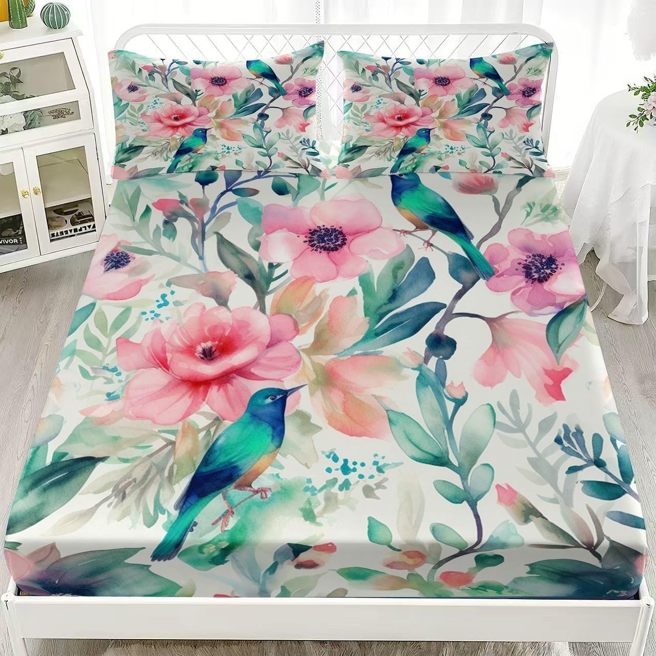 Watercolor Birds Fitted Sheet Pink Flowers Bed Sheets Deep Pocket 12 inch (30 cm) Soft Cozy 3 Piece Microfibre Bed Sheet 200x200 cm with 2 Pillowcases 50x75 cm