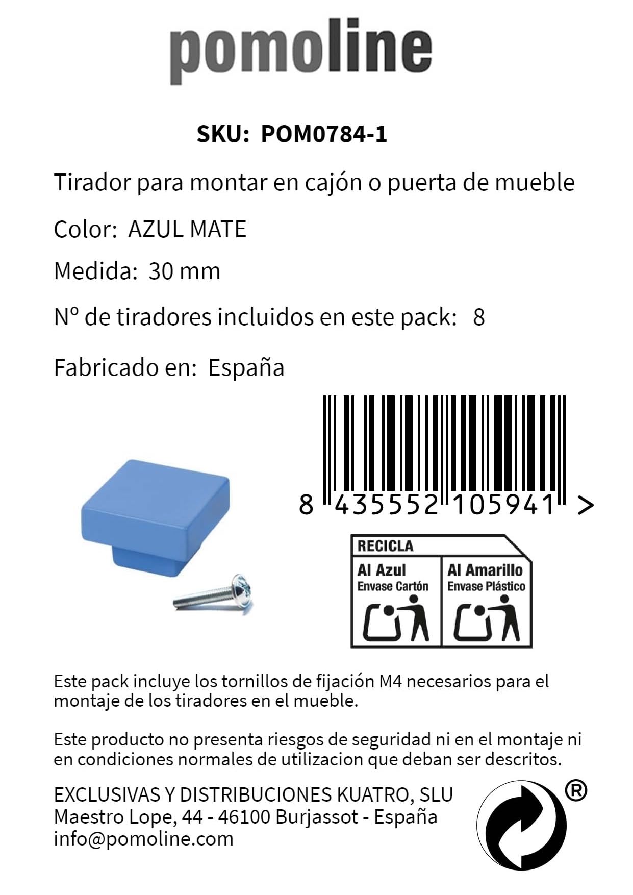8 Un. TIRADOR Pomo Mueble Infantil resina ABS pintado azul 30MMX30MM