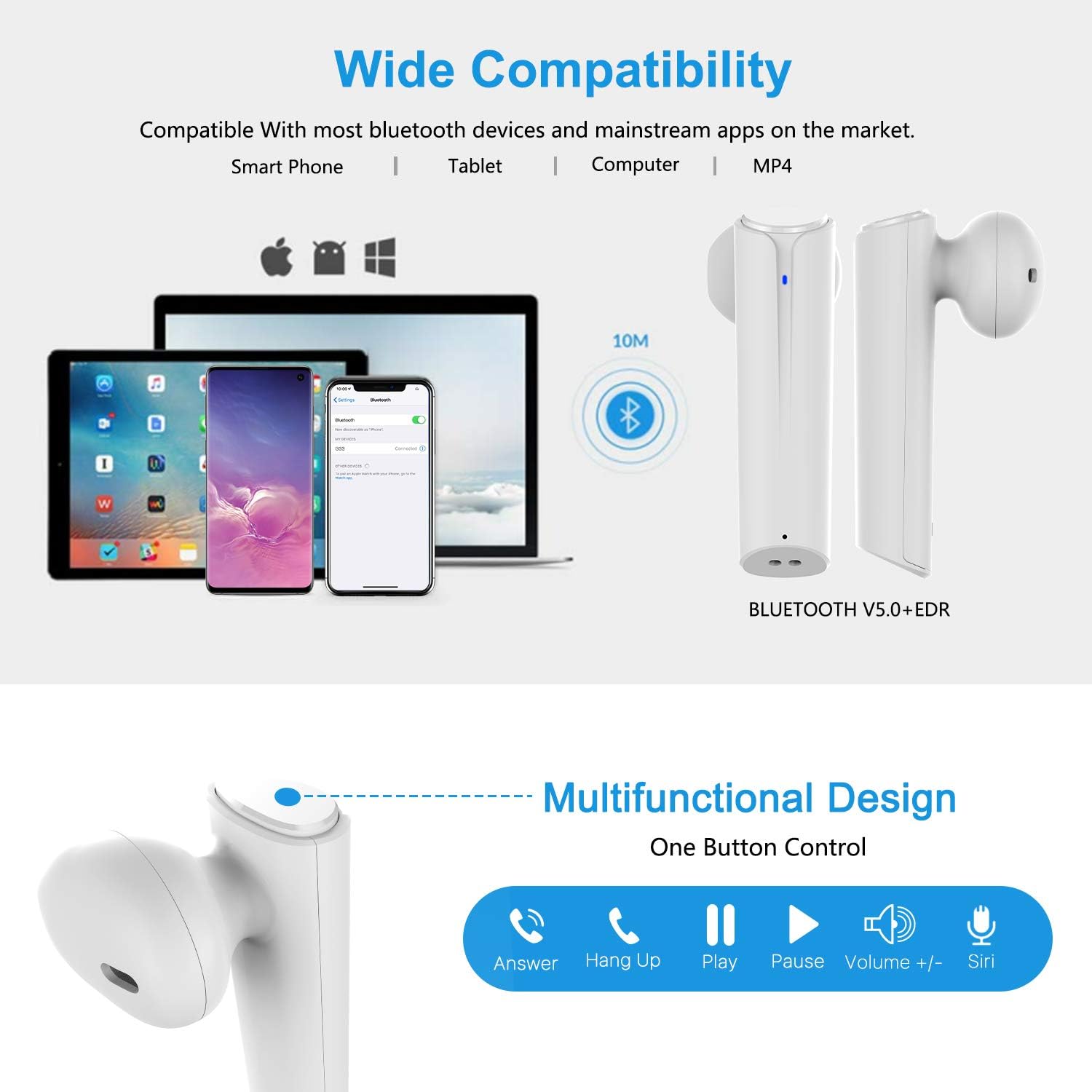 Diagram showing the multi-function button controls on the earbud