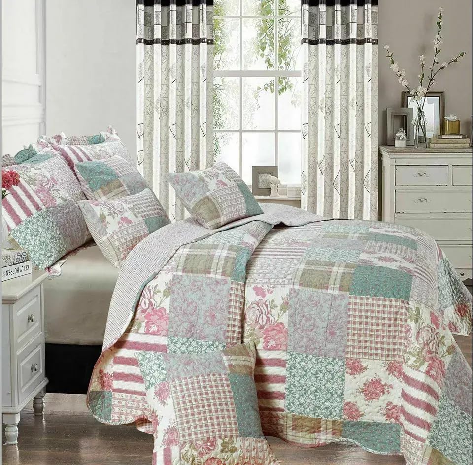 Online Bedding Quilted Patchwork Bedspread - Hypoallergenic, Machine Washable Duvet & Pillowcases Bedding Set (Blossom, Super King)