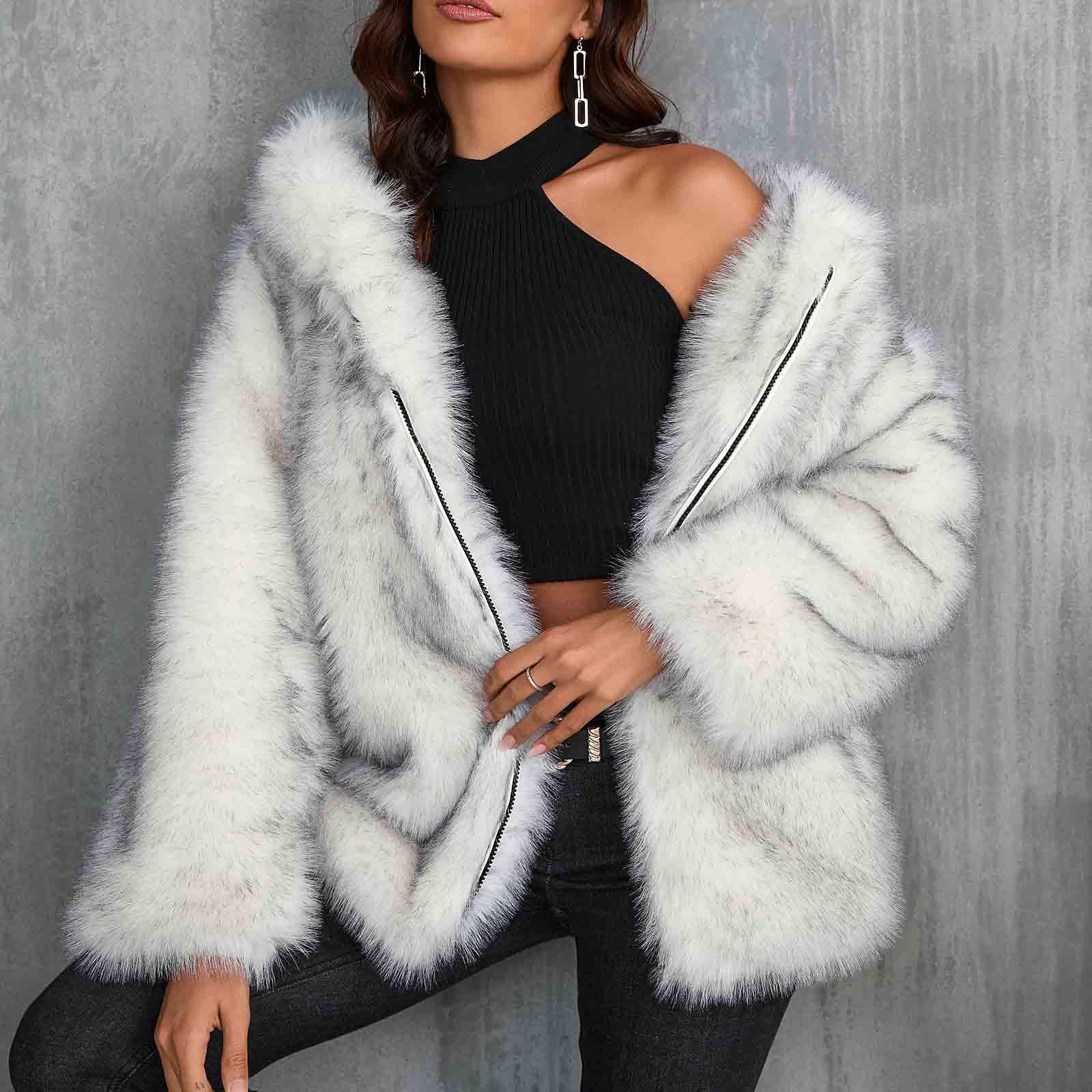 HAOLEI Chaqueta de Piel Sintética Reversible para Mujer con Capucha Grueso Cálido Abrigo Forro Polar de Invierno Moda Abrigos Mullido de Manga Larga con Cremallera Elegante Lujo Faux Fur Jacket
