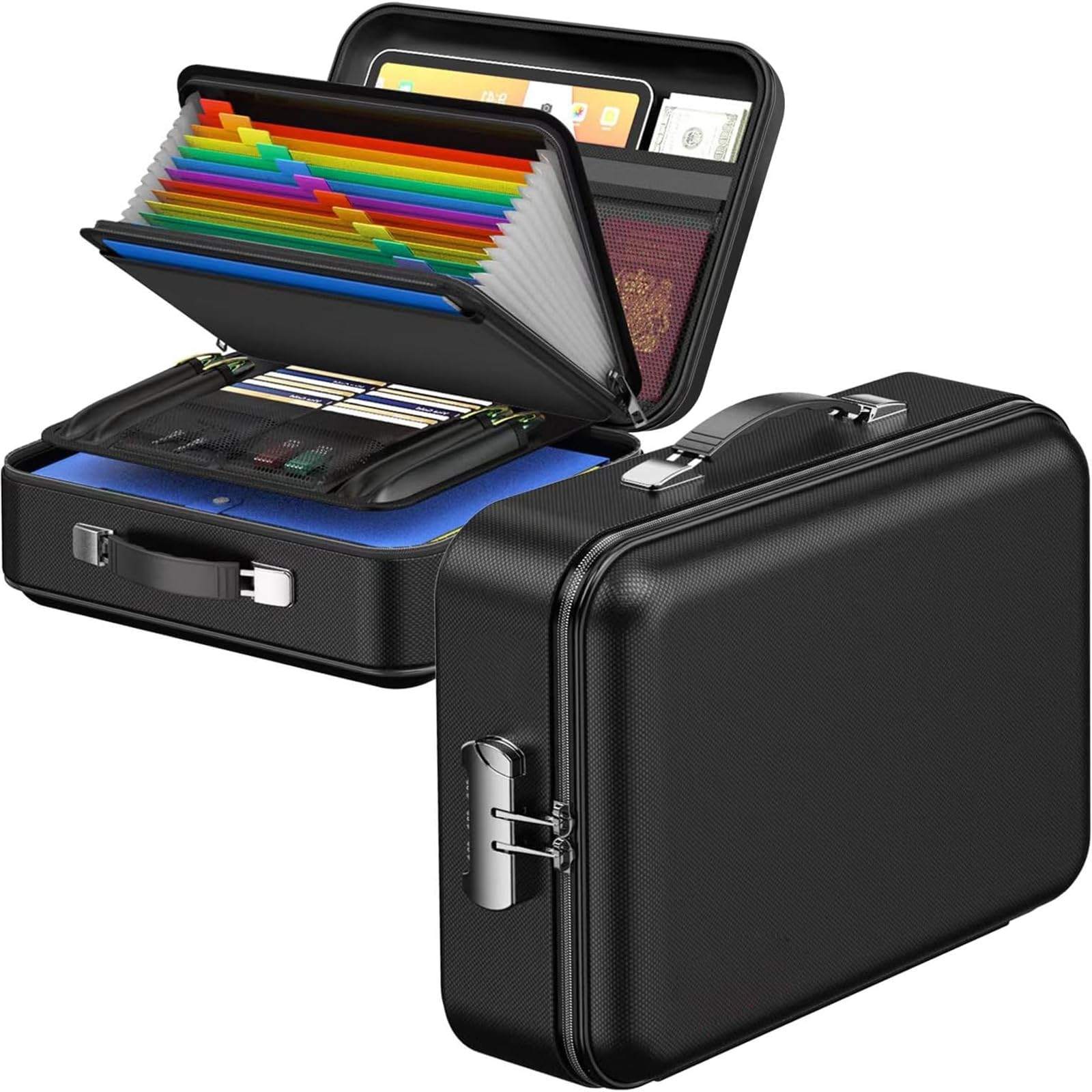 1 Pack Fireproof Document Box, Design with Combination Lock, Black Synthetic Leather, for Documents, Laptop, Passports