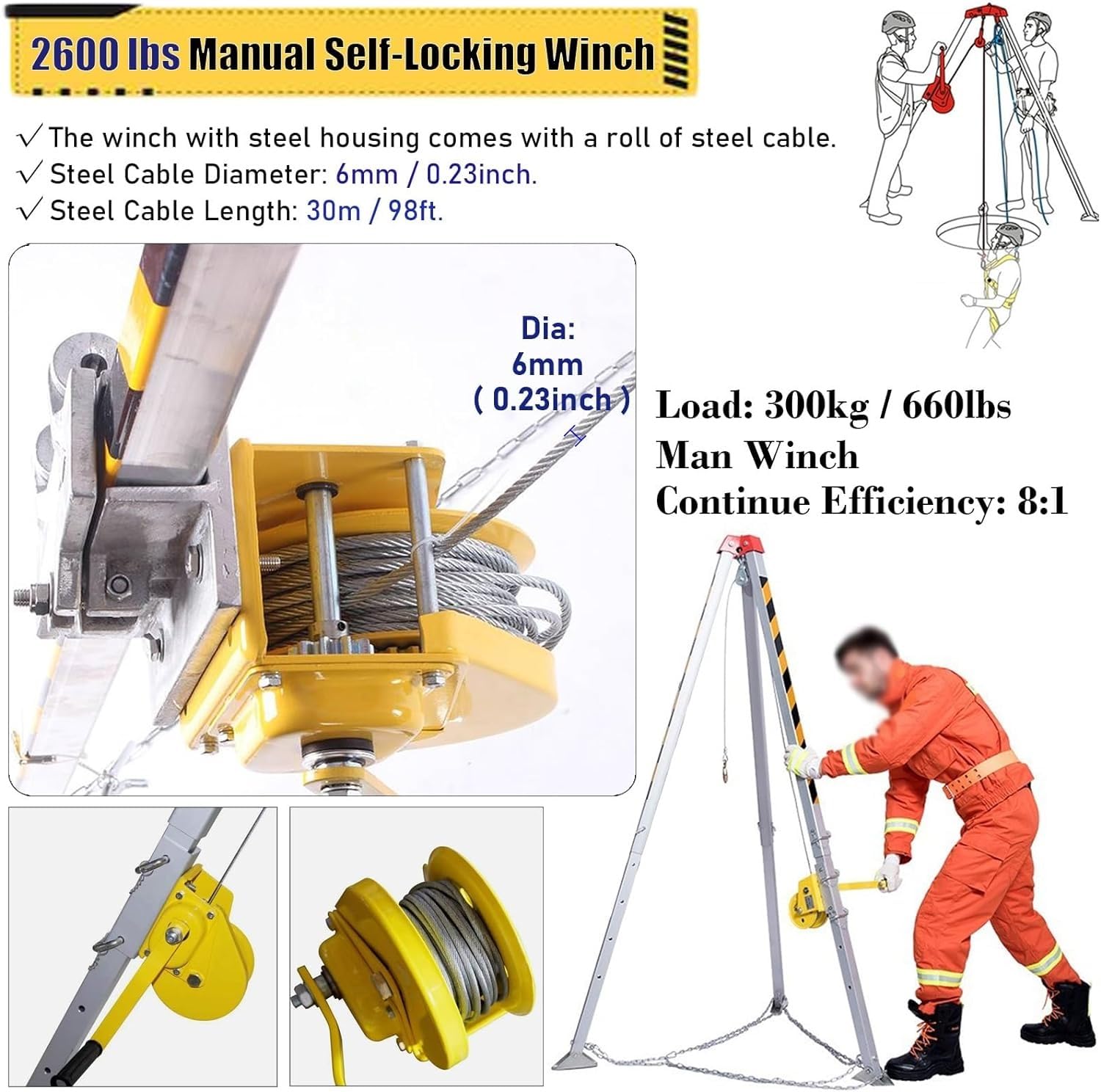 Stativ Winde Stativ Sicherheitsvorrichtung mit 1200lbs/1800lbs/2600lbs Winde, Stativ für beengte Platzverhältnisse für hohe Stellen/Klippen/Tiefe Brunnen(2600lbs(98' Winch))