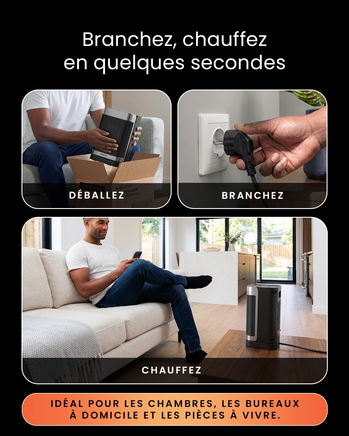 Pro Breeze Themacube mini Chauffage d'Appoint 1500W Céramique Soufflant Oscillant - Radiateur Électrique Mobile, Mode Ventilateur 2-en-1, Thermostat Éco, Télécommande, Écran Tactile Silencieux