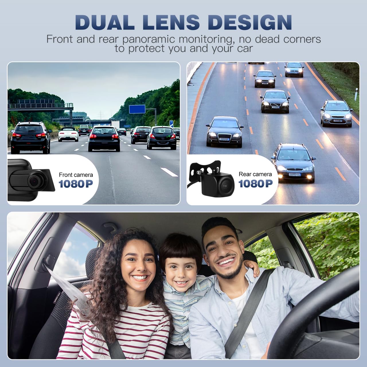 Diagram showing front and rear cameras with 1080P resolution, illustrating dual lens design for panoramic monitoring.