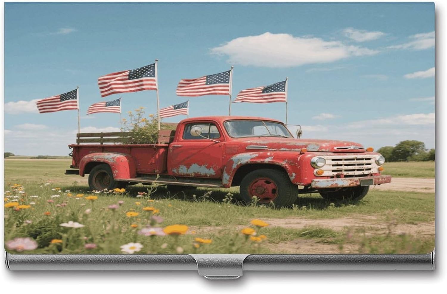 4th Of July Patriotic Old Red Truck Business Card Case Metal Business Cards Holder with Buckle Style Shut Pocket Travel Name Cards Holder Wallet Portable Business Card Carrier for Men & Women