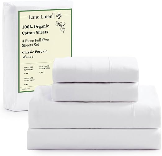 LANE LINEN 100% Organic Mercerized Cotton Pre Washed Full Size Bed Sheets, Soft & Comfy Low Pill Fade Resistance Fully Elasticized Oeko Tex Certified 15" Deep Pocket Full Sheet Set - White