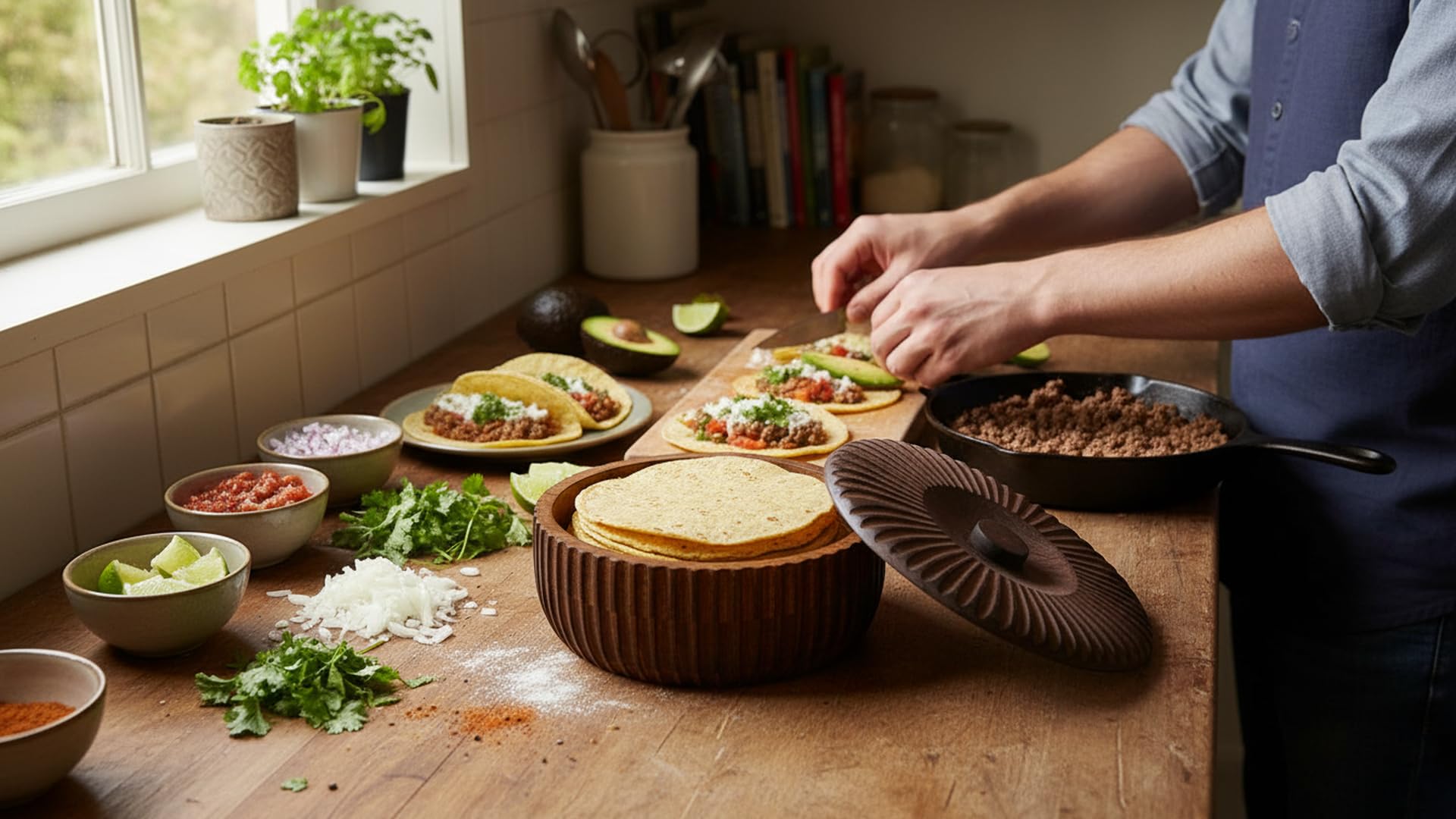 Handgefertigter mexikanischer Tortilla-Stövchenkorb aus Holz indischer Chapati-Roti-Brothalter Box Pfannkuchen-Keeper-Serviergeschir Hot Pot Auflaufform Deckel Home Küche Essdekor, Antik braun 23 x 9